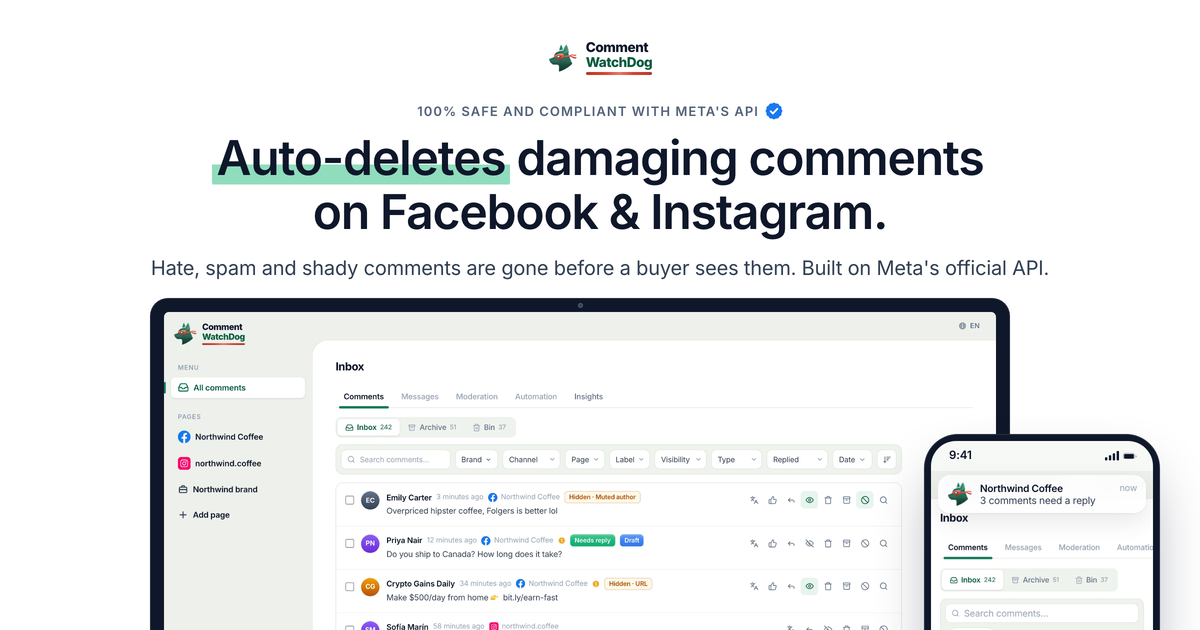 CommentWatchDog - Hide and delete spam comments on Facebook and Instagram ads automatically