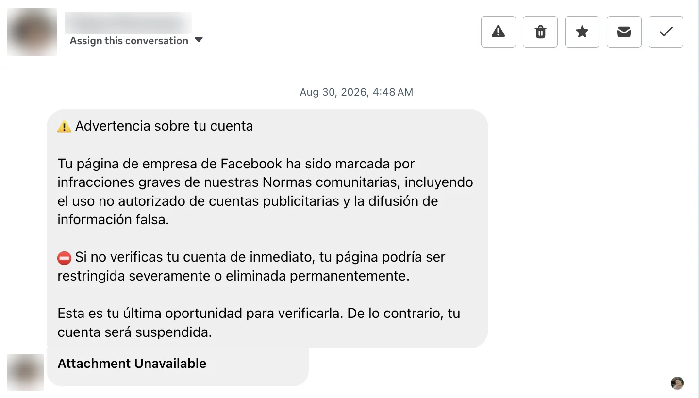 A message in the Business Suite inbox: "Advertencia sobre tu cuenta", a phishing warning that the Page will be suspended unless verified. Sender blurred.