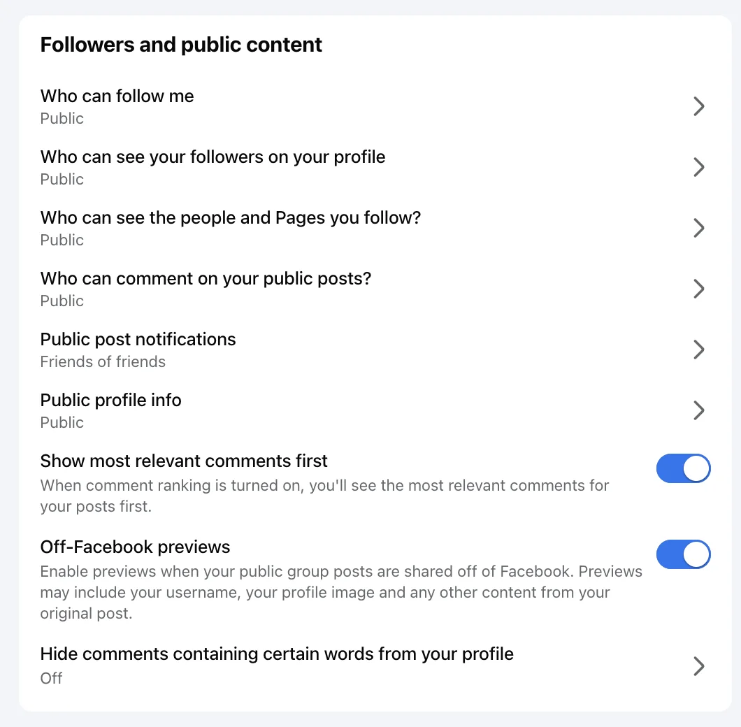 The Followers and public content settings on my Page: Who can comment on your public posts, Show most relevant comments first, and Hide comments containing certain words, shown as Off.