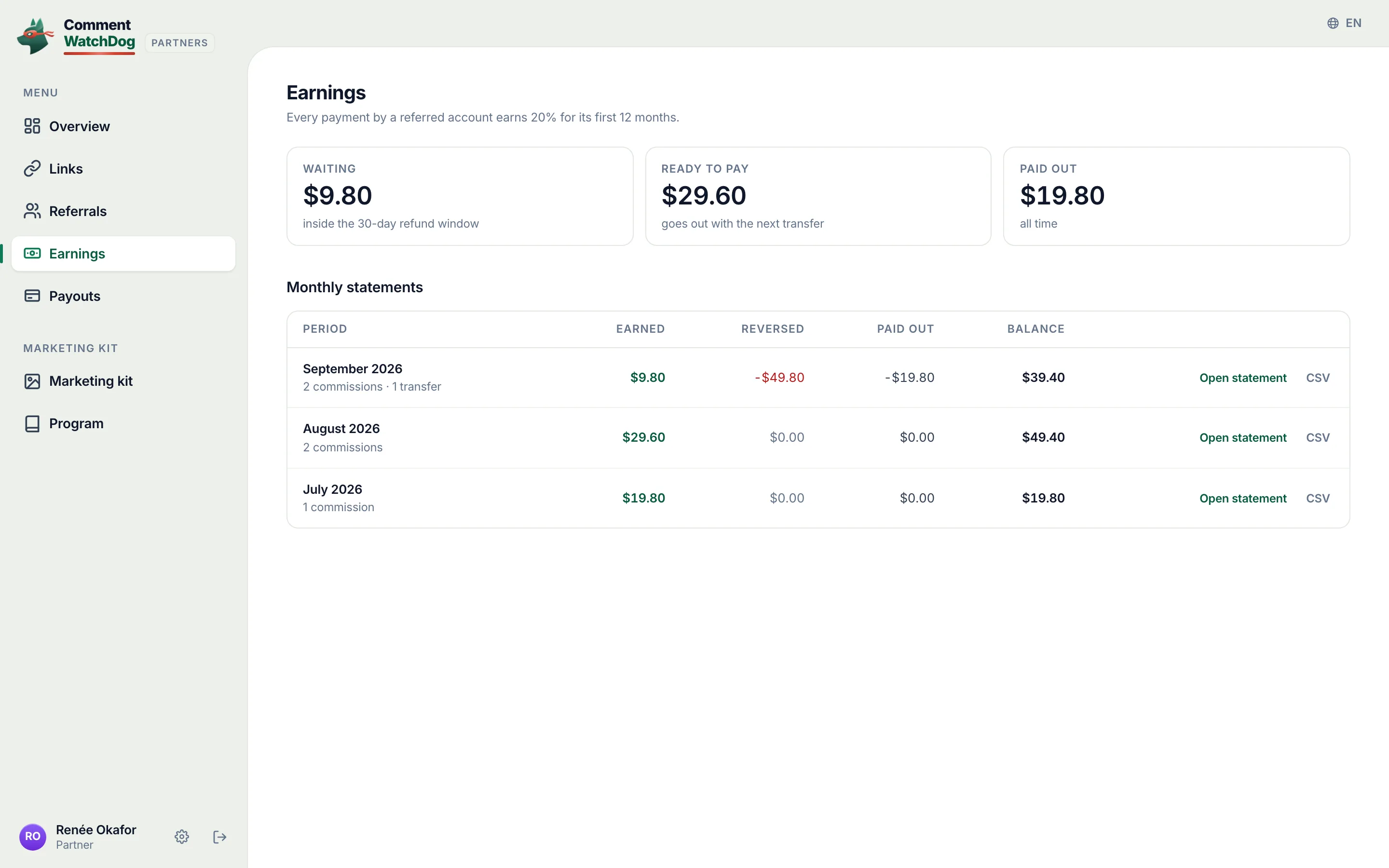 The Earnings page: waiting, ready and paid tiles, and monthly statements with earned, reversed, paid out and balance.