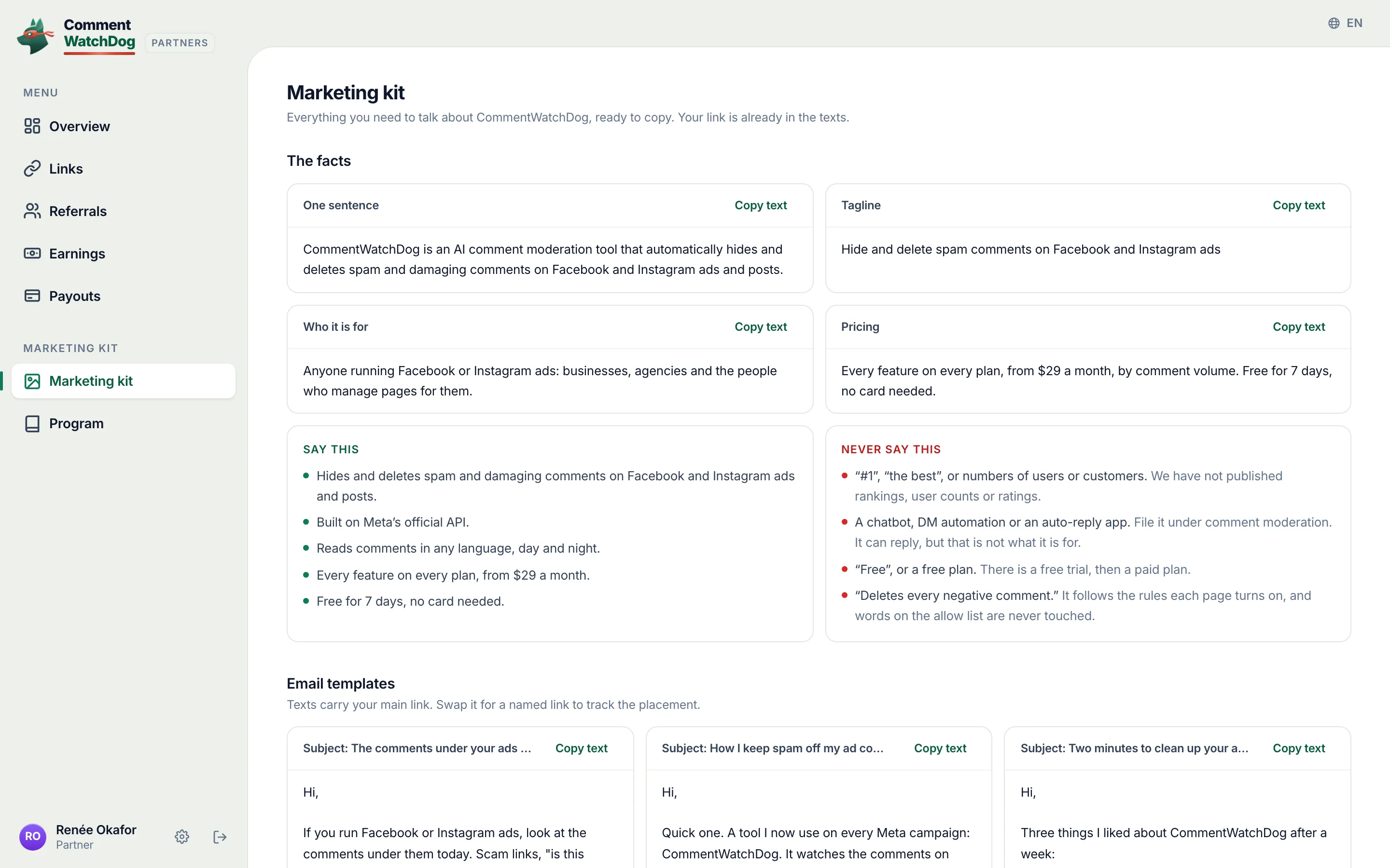 The Marketing kit: the facts, what to say and not say, email templates and posts with the partner's link in them.