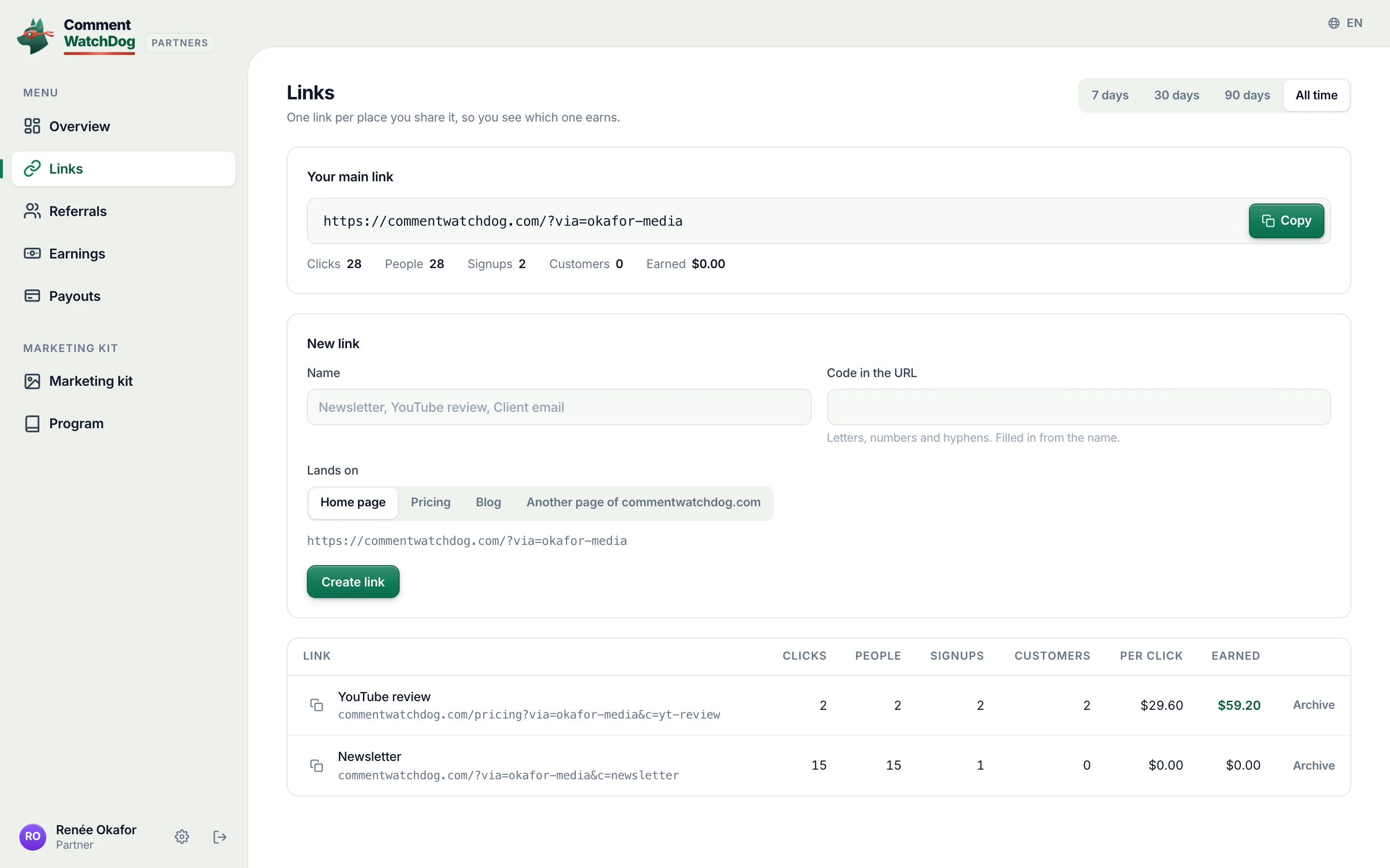 The Links page: the main link, a form for a new named link, and a table of links with clicks, people, signups, customers and earnings.