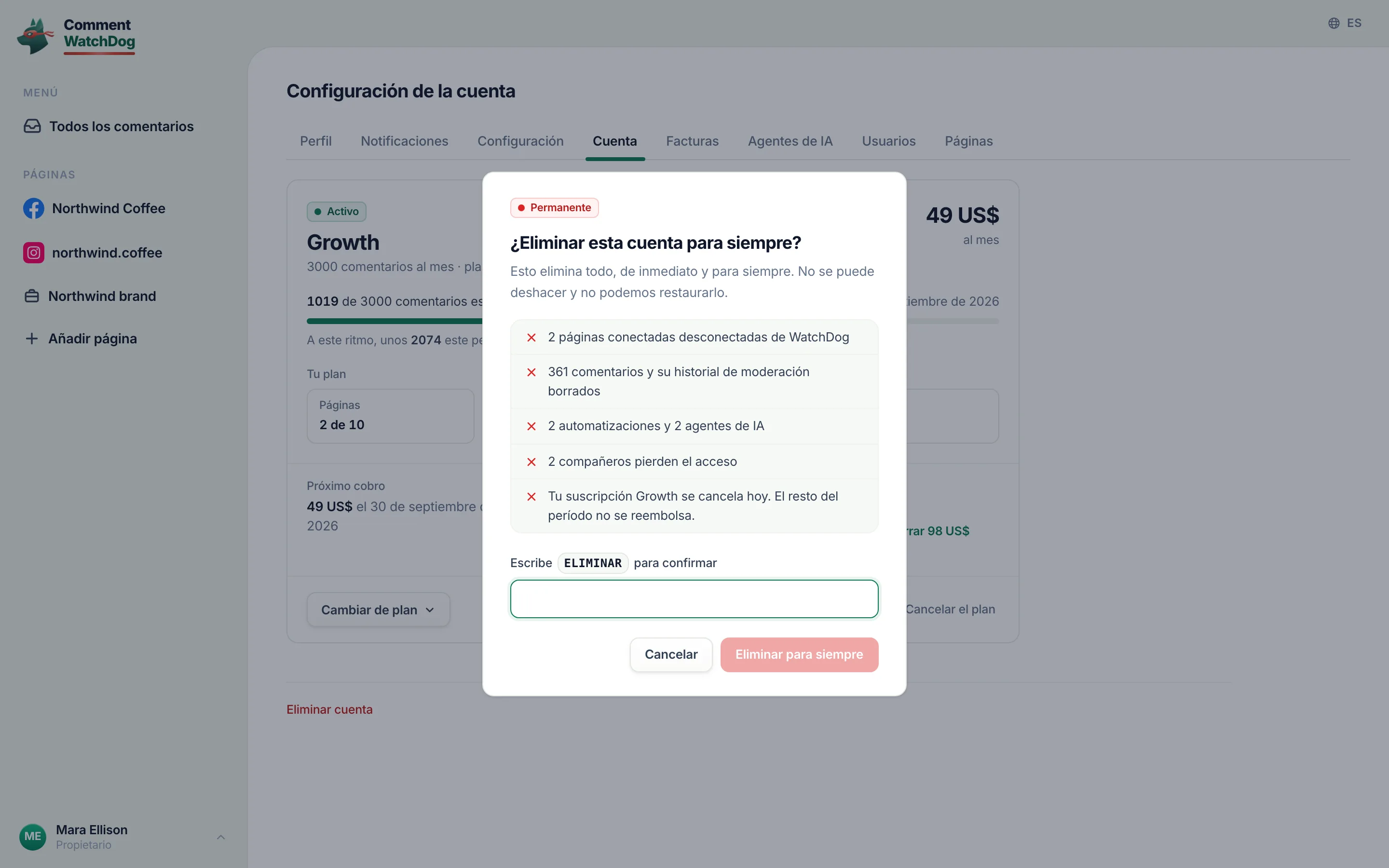 Eliminar para siempre.
