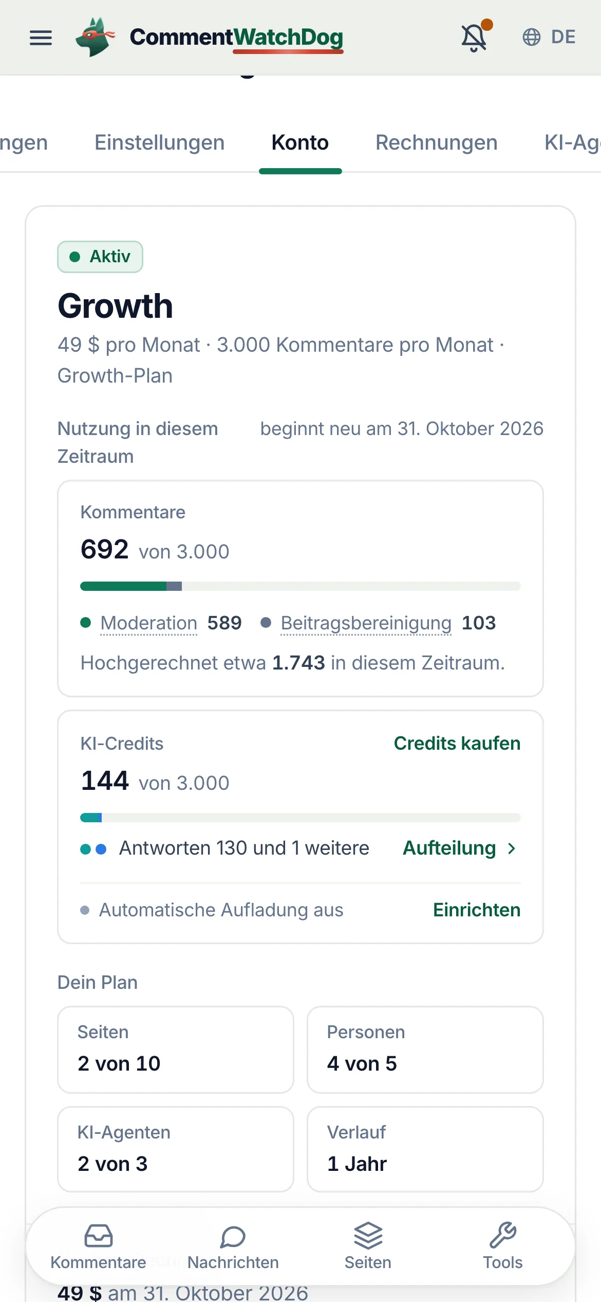 Die Kontoseite auf dem Handy.