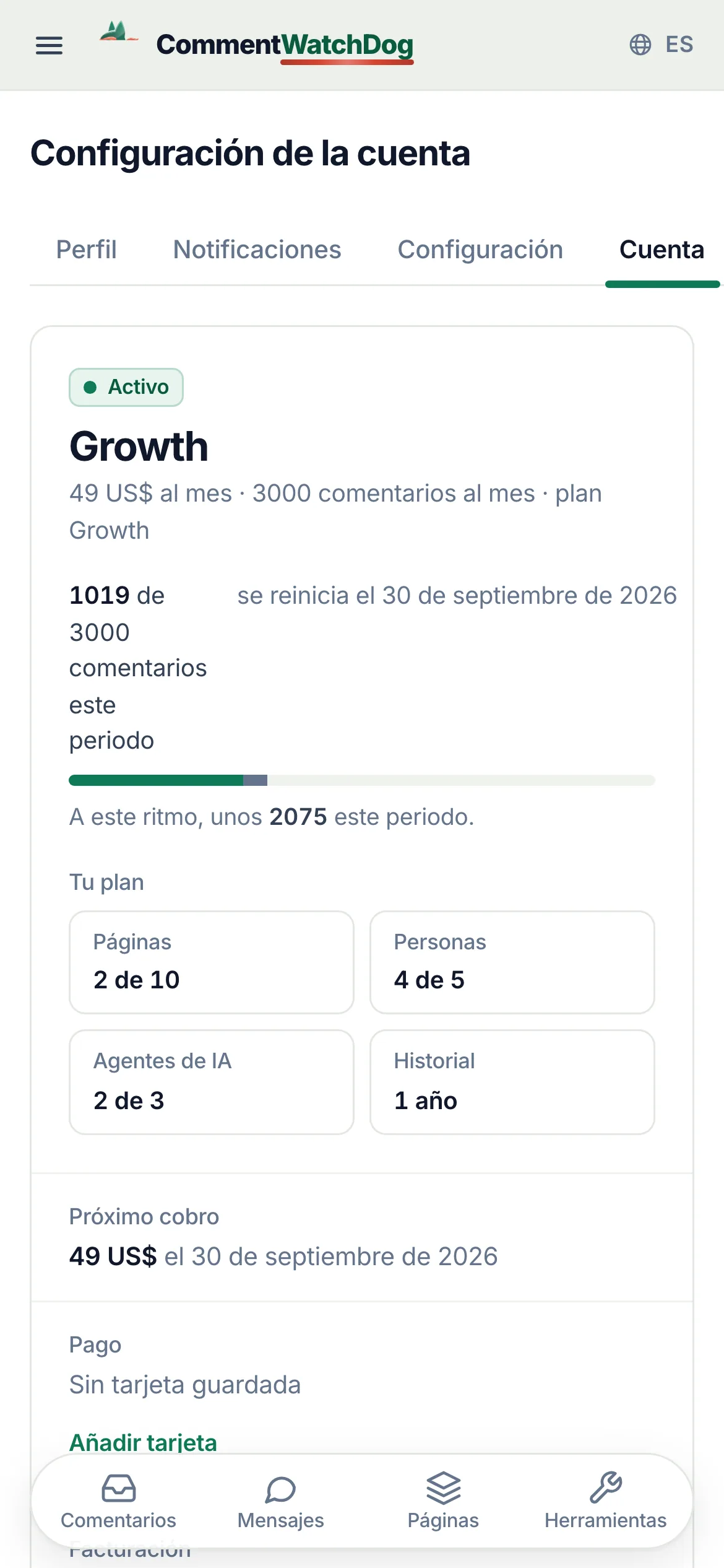 La página de la cuenta en un teléfono.