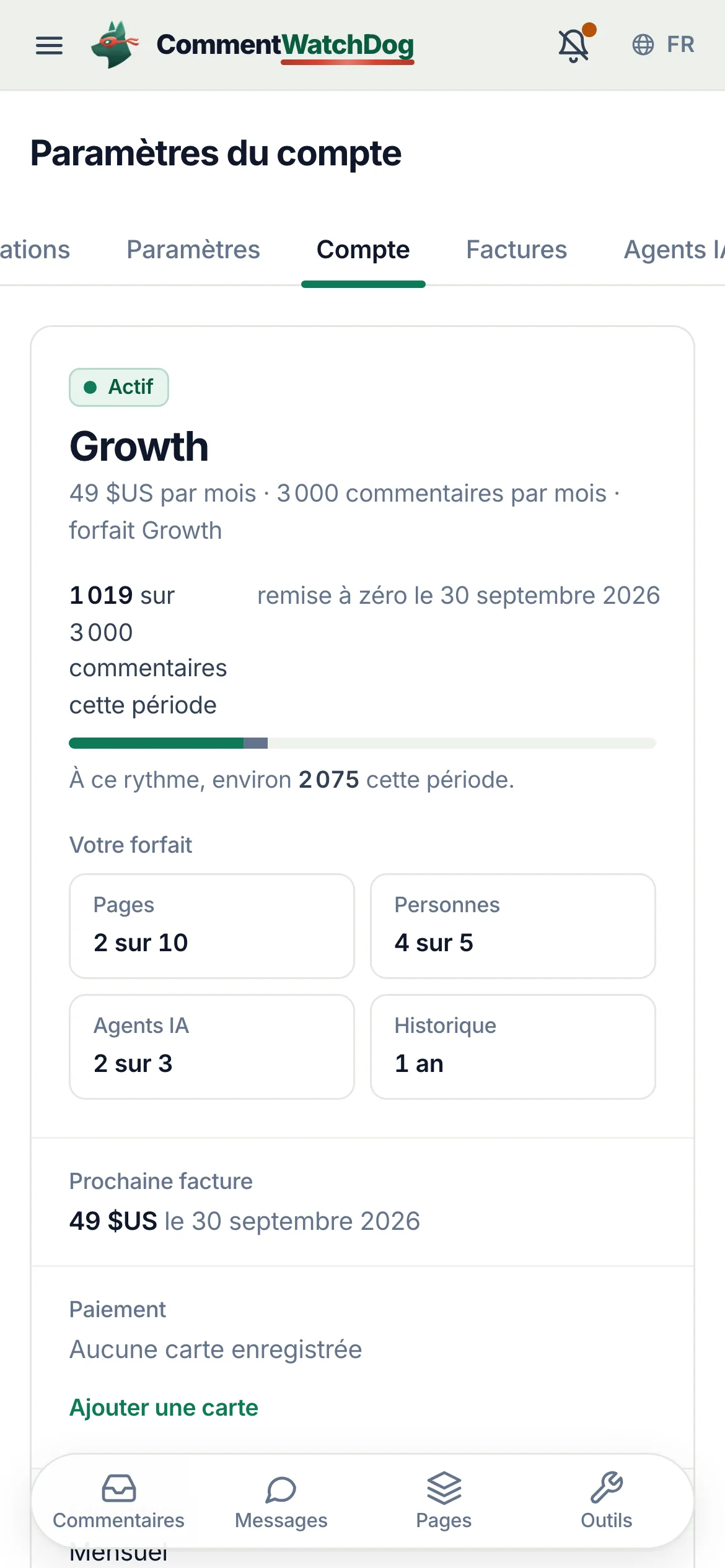 La page du compte sur un téléphone.