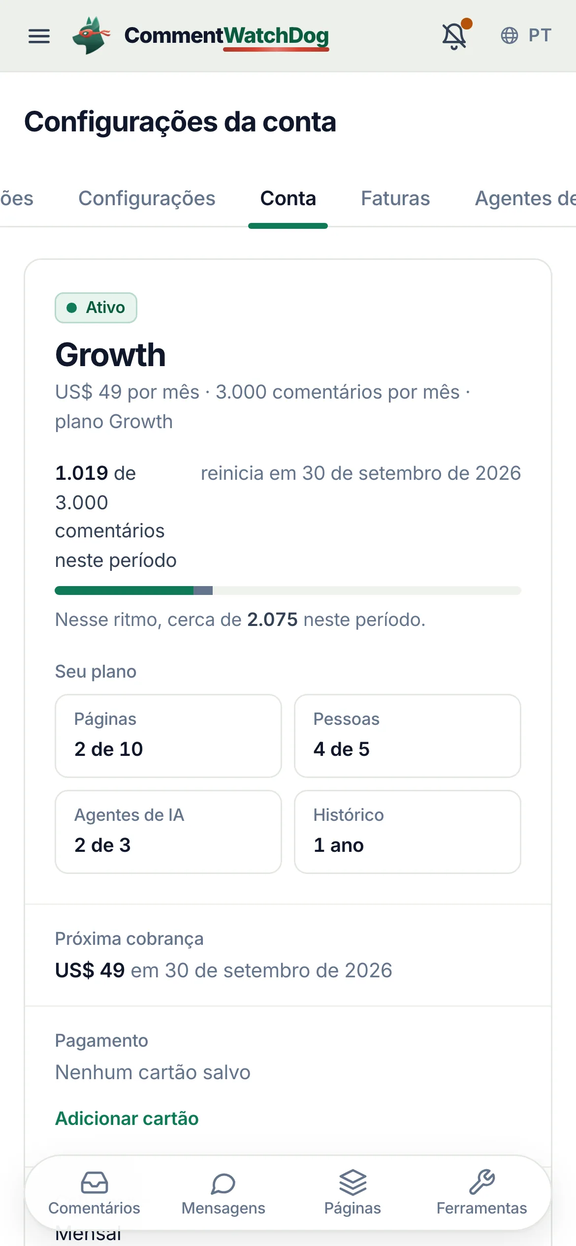 A página Conta em um celular.