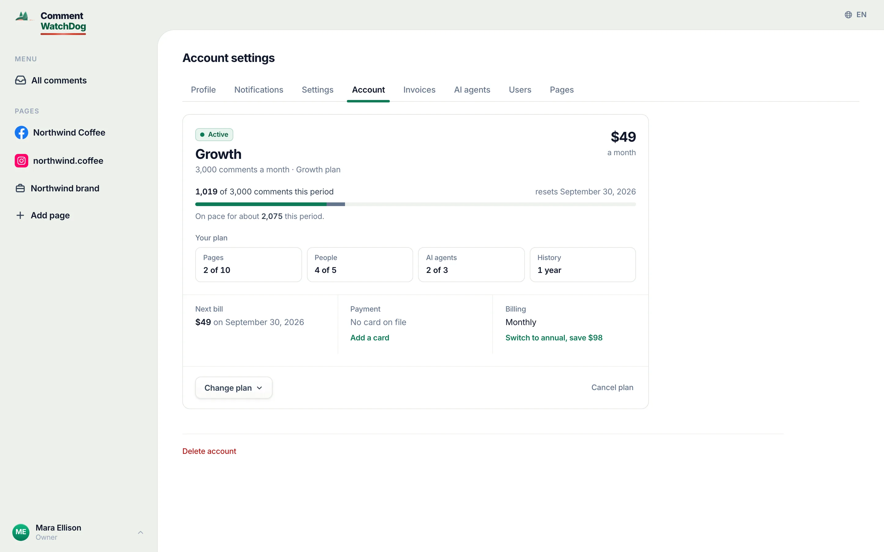 Payment, on the Account tab.