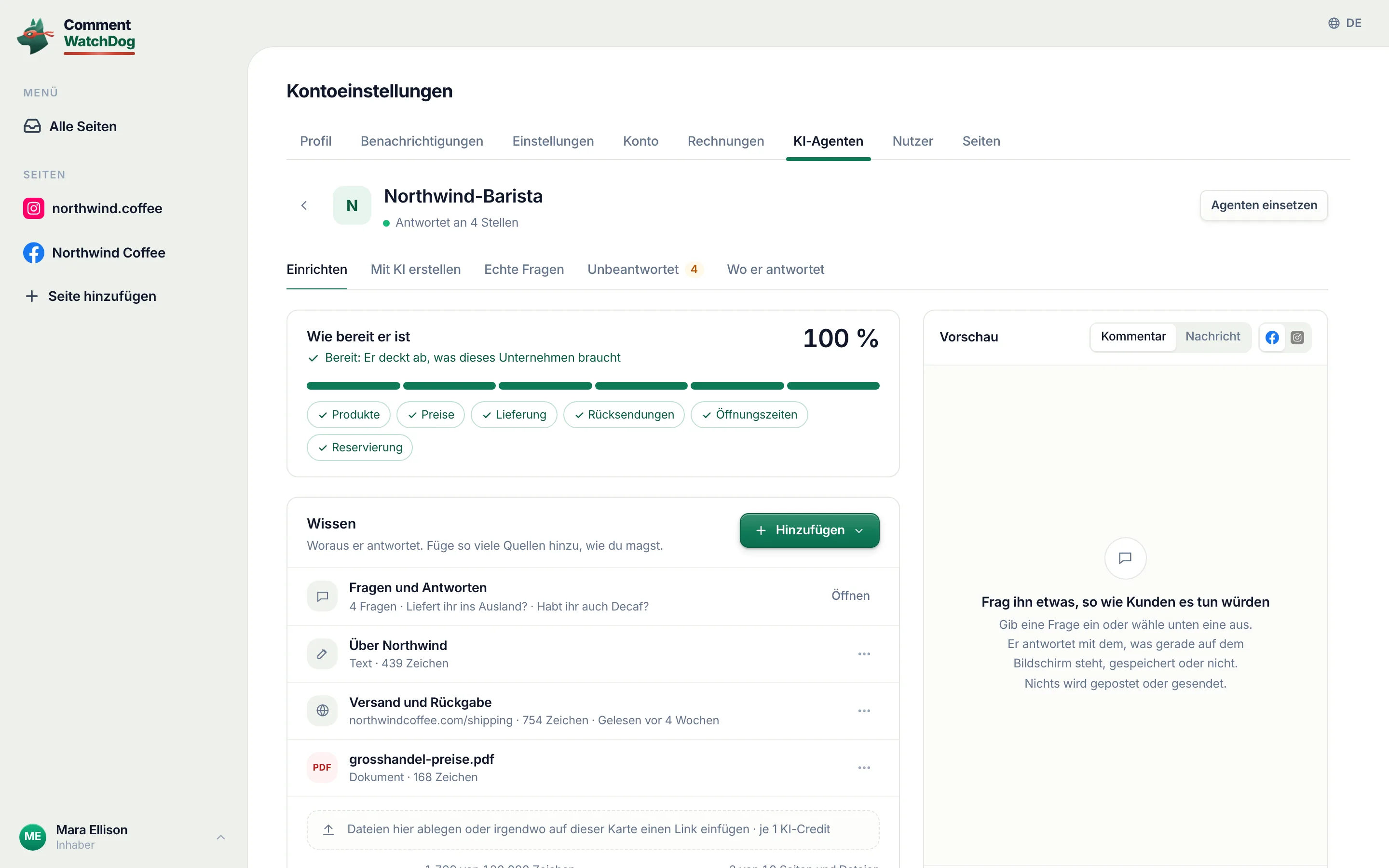 Der Editor für KI-Agenten: ein Name, die Seiten, auf denen er antwortet, was er über das Unternehmen weiß, seine FAQ.