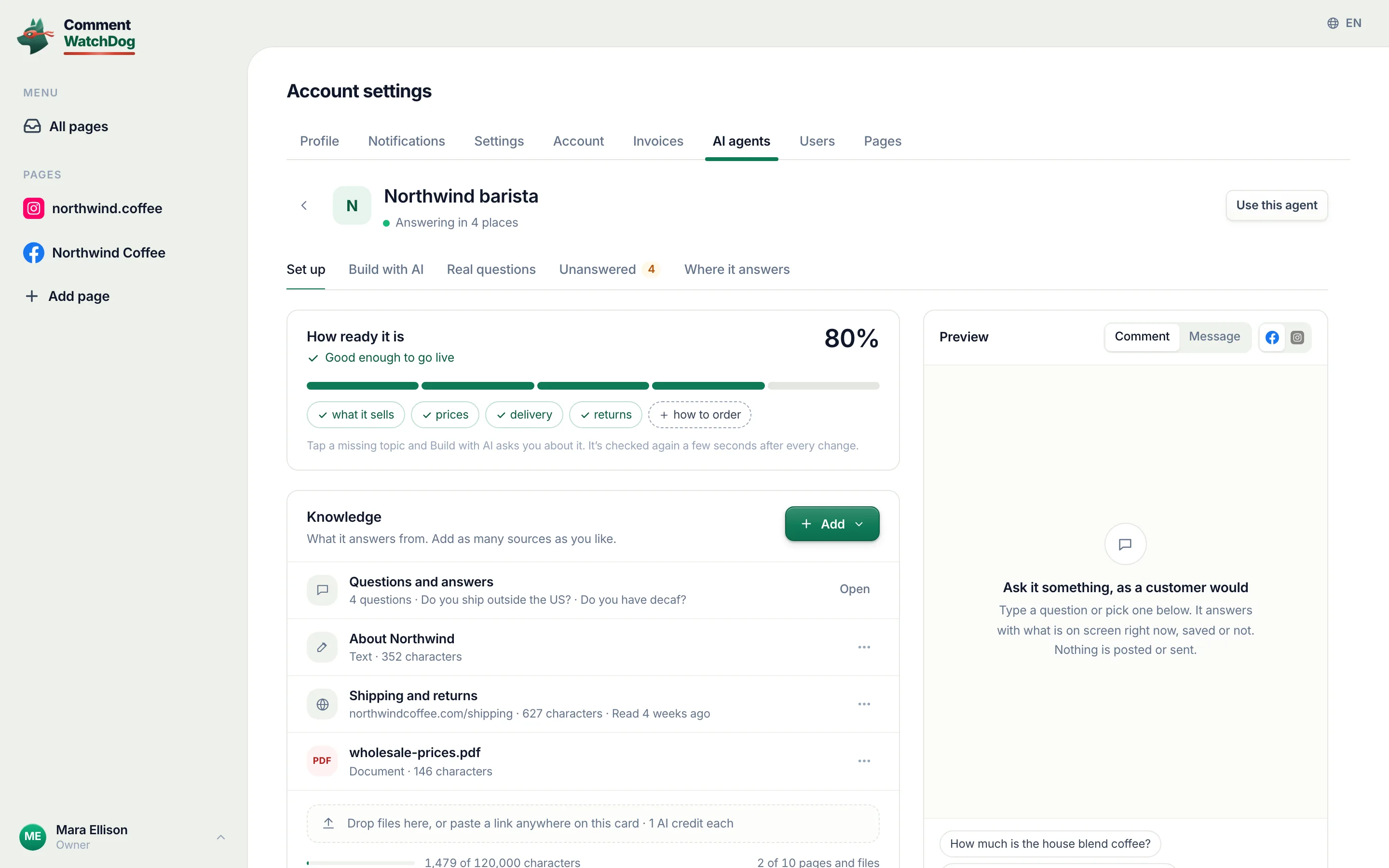 The AI agent editor: a name, the pages it answers on, what it knows about the business, its FAQs.
