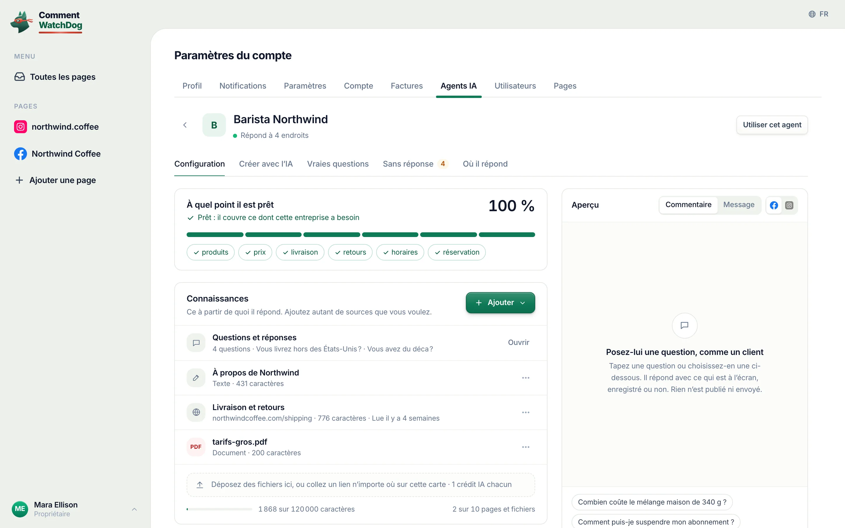 L'éditeur de l'agent IA : un nom, les pages où il répond, ce qu'il sait de l'entreprise, sa FAQ.