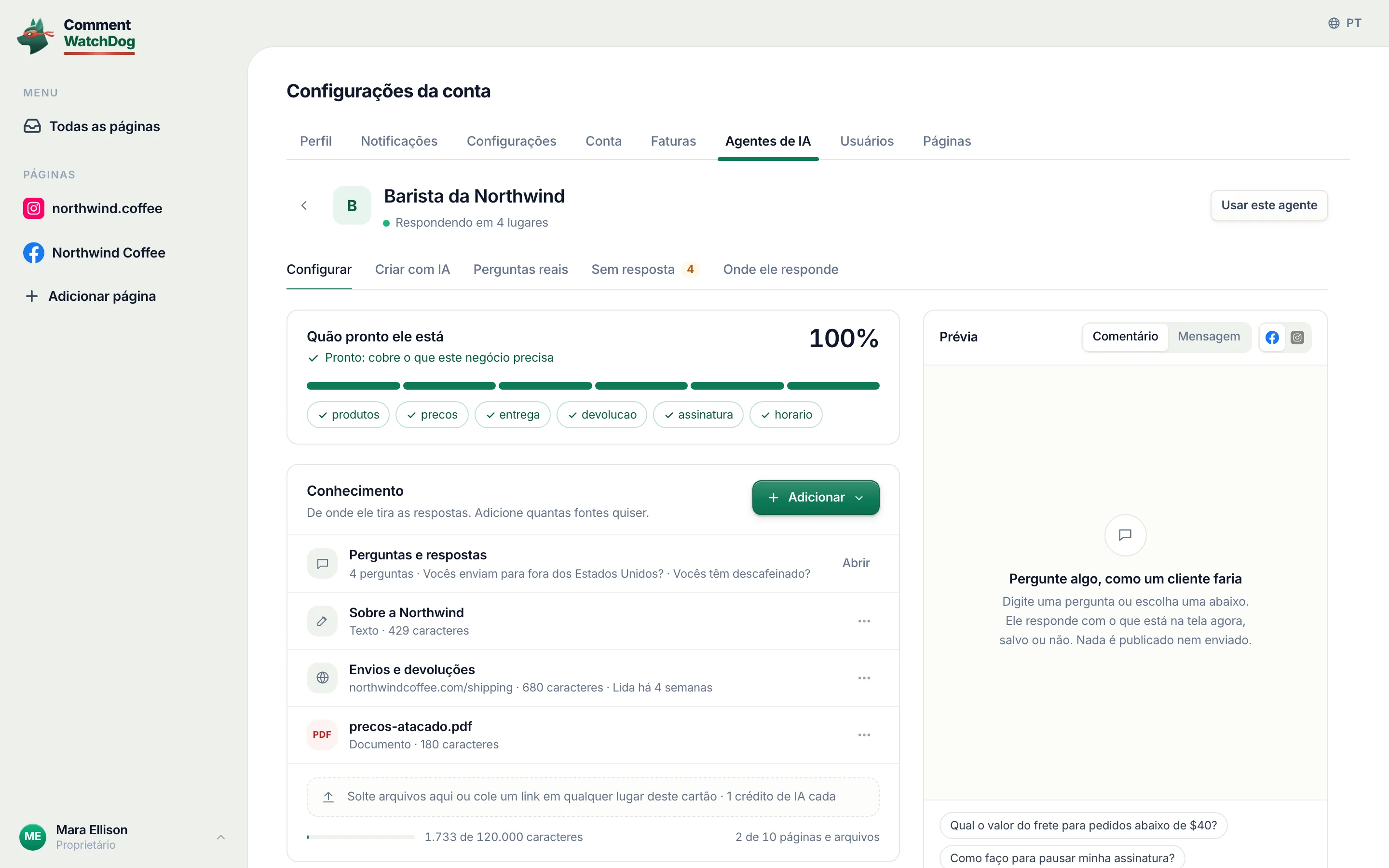 O editor do agente de IA: um nome, as páginas em que responde, o que sabe sobre o negócio, suas perguntas frequentes.