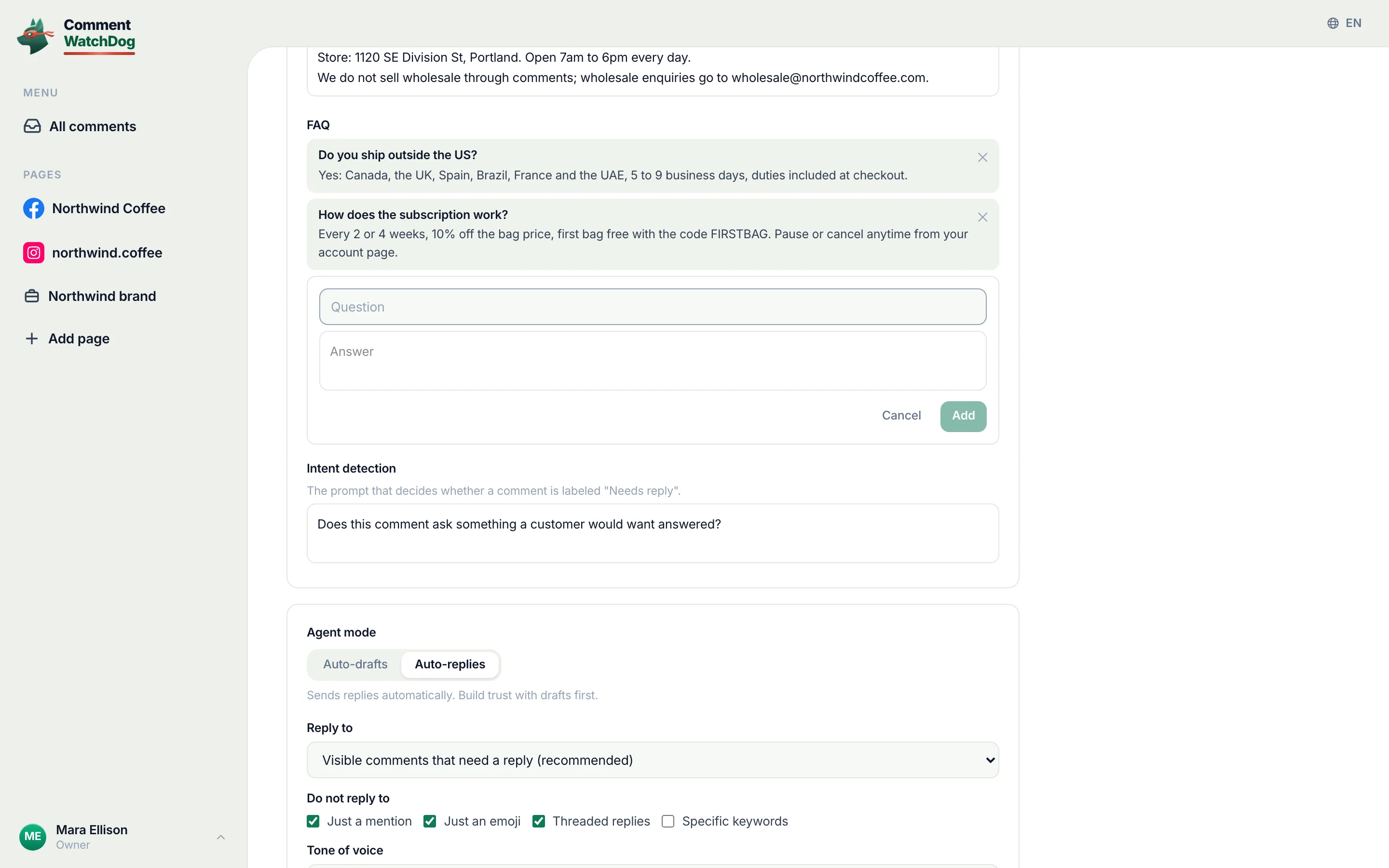 The agent editor scrolled to the FAQ pairs and the intent prompt.
