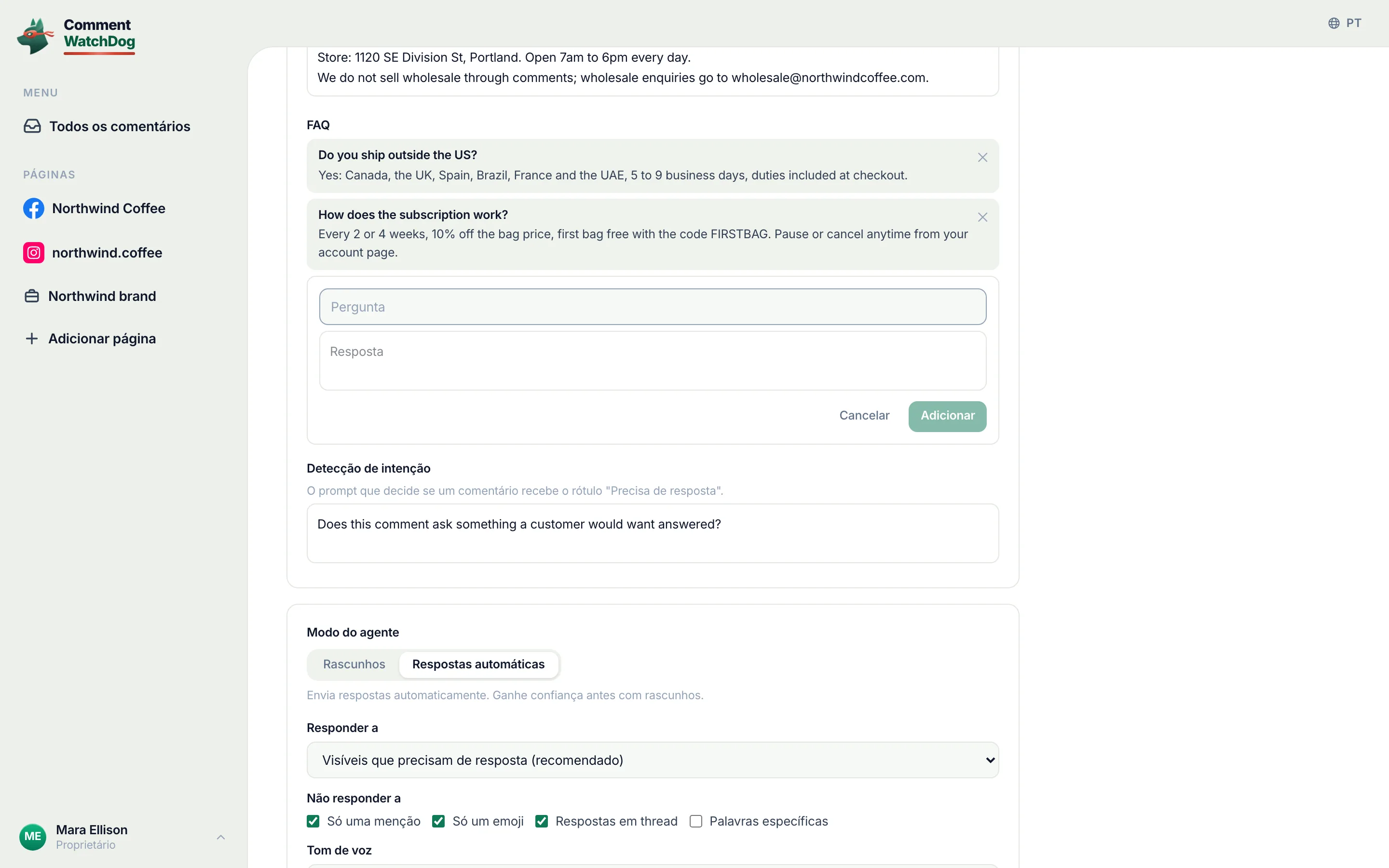 O editor de agentes rolado até os pares de perguntas frequentes e o comando de intenção.