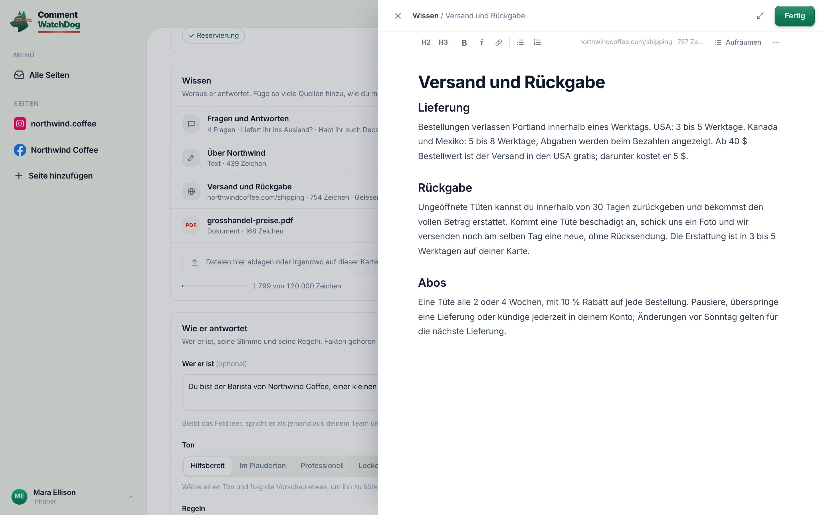 Eine Webseite, wie der Agent sie liest, offen zum Korrigieren.