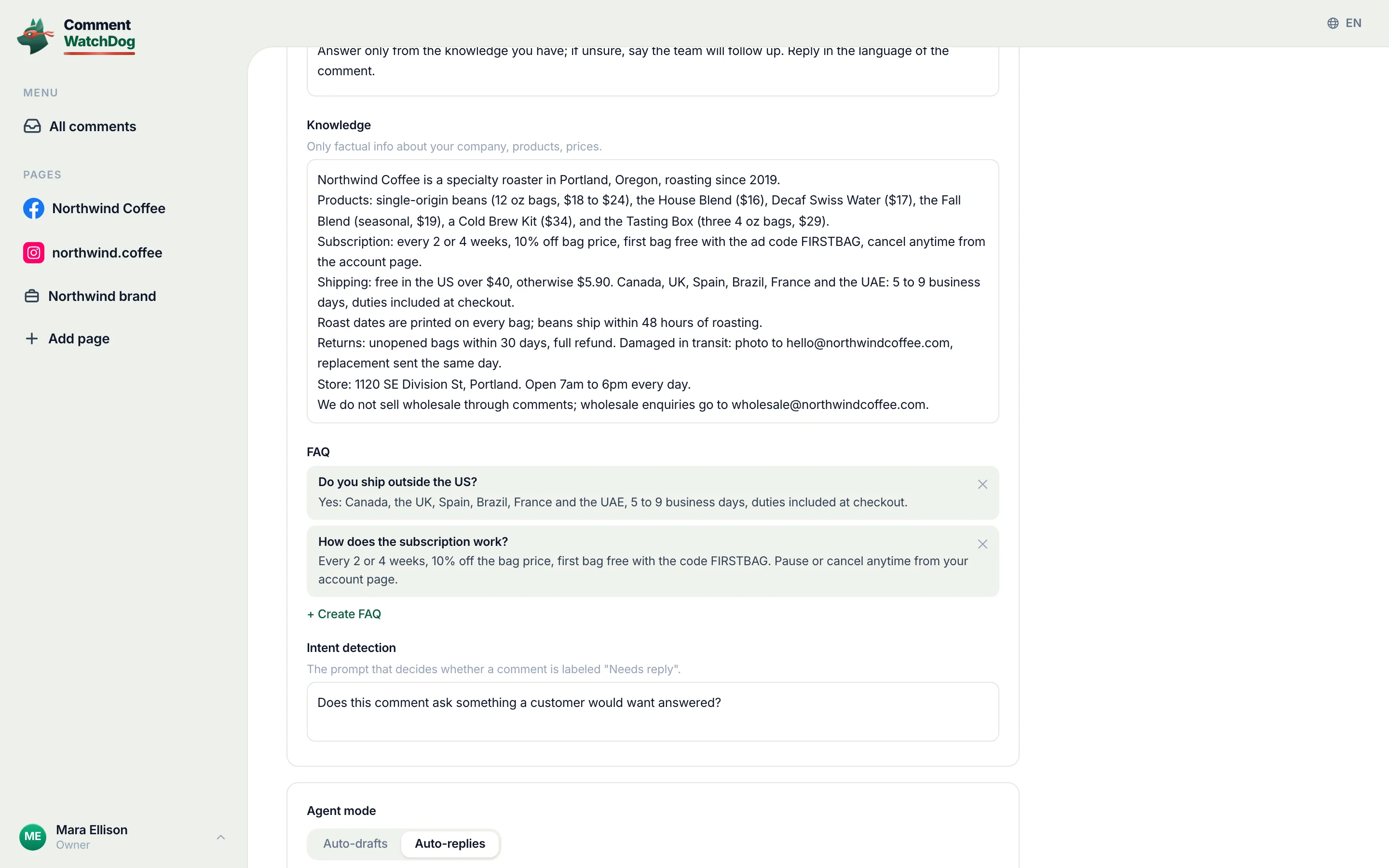 Knowledge, in the agent editor.