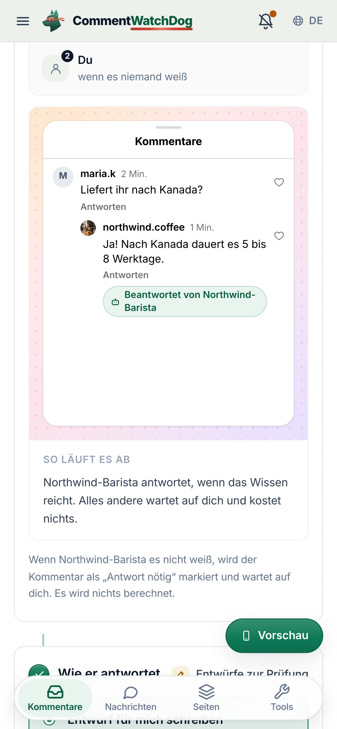 Die Automatisierung, die den Agenten bei Kommentaren einsetzt: wer in welcher Reihenfolge gefragt wird und wie er antwortet, mit einem Entwurf für eine Person oder selbstständig.