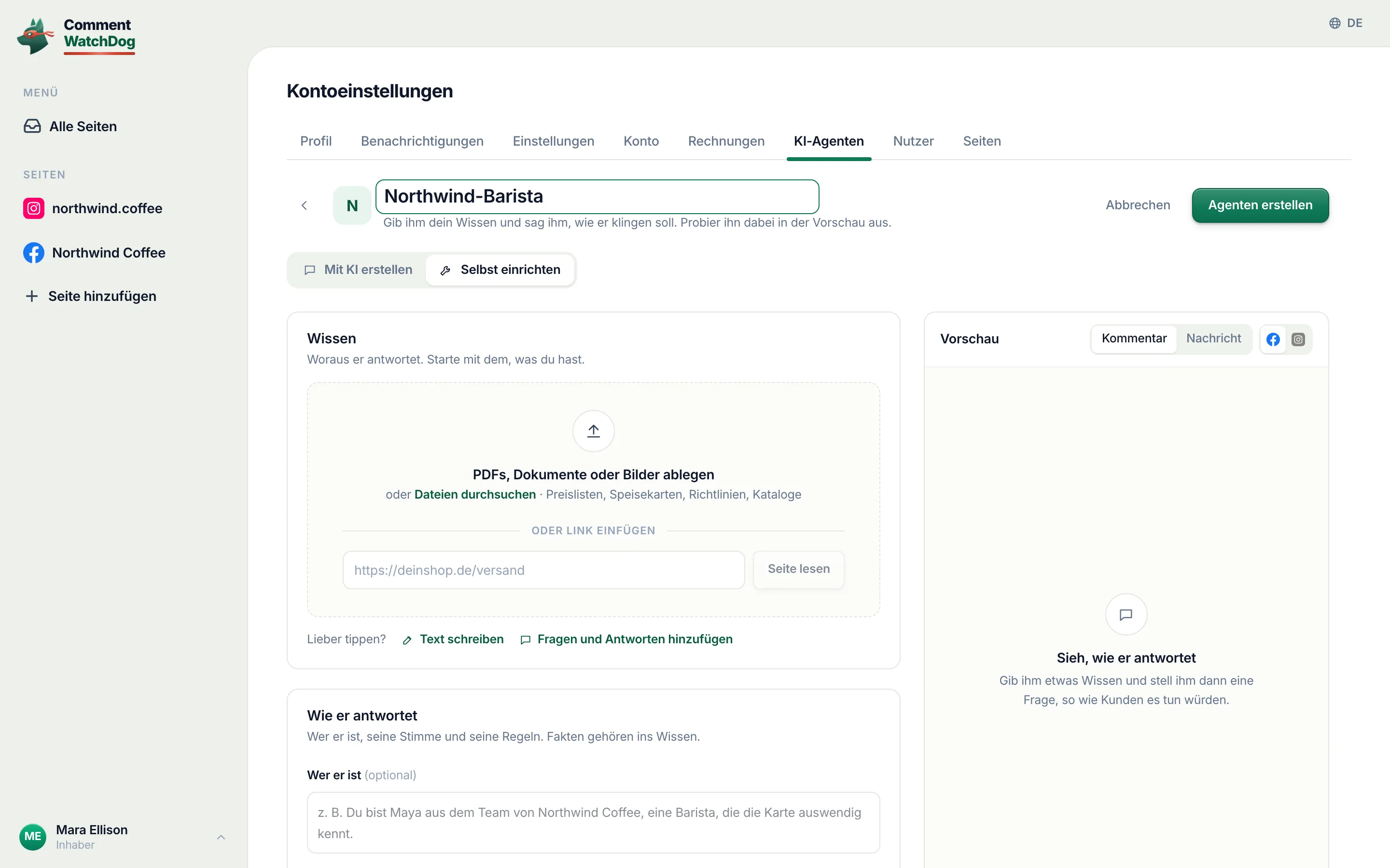 Ein neuer Agent: sein Name, dann „Mit KI erstellen“ oder „Selbst einrichten“.
