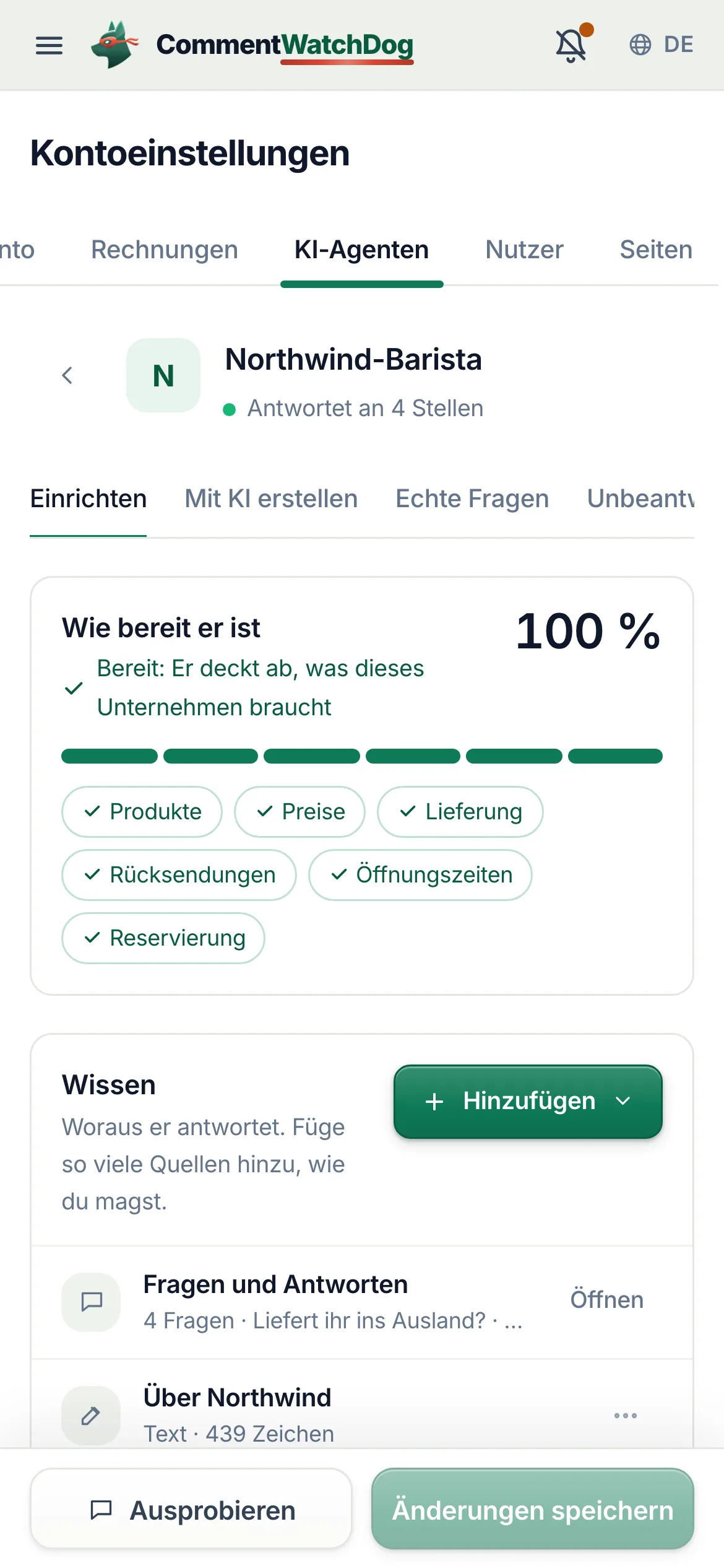 Der Agenten-Editor auf dem Handy.