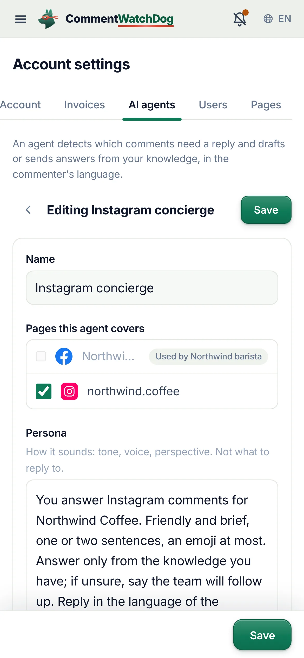 The agent editor on a phone.