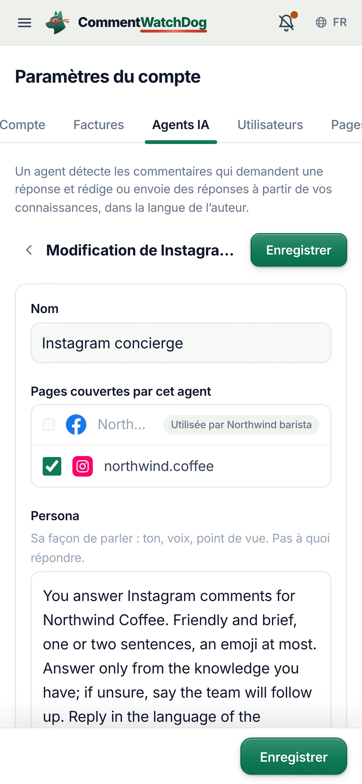 L'éditeur d'agent IA : les pages qu'il couvre, sa personnalité et ses connaissances.