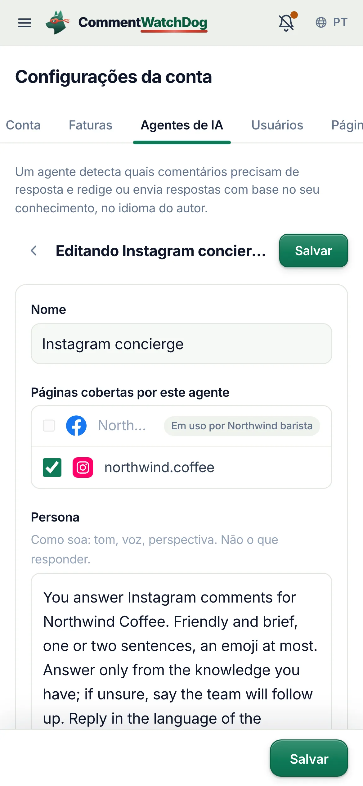 O editor do agente de IA: as páginas que ele cobre, sua persona e seu conhecimento.