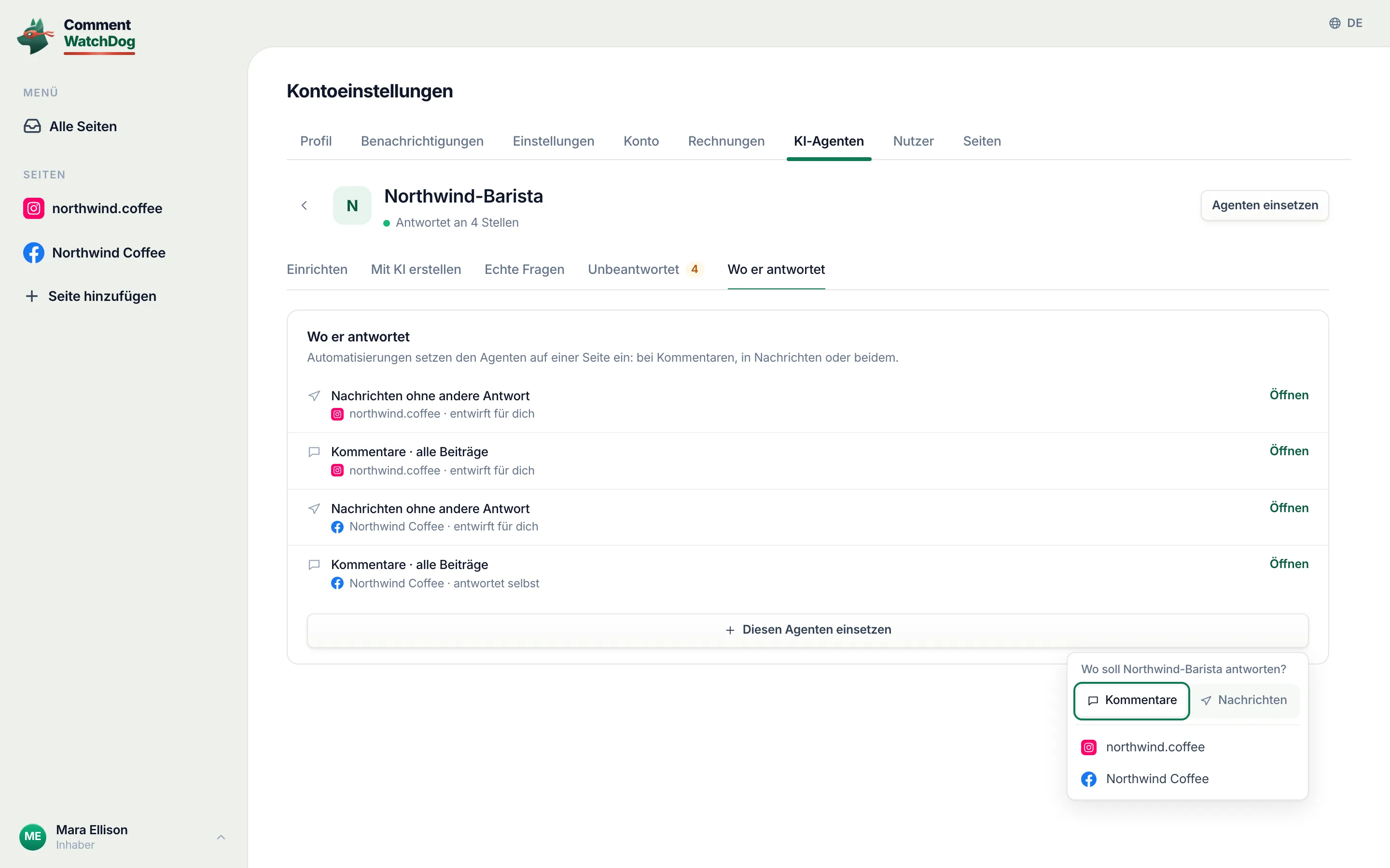 Wo er antworten soll: „Kommentare“ oder „Nachrichten“, dann die Seite.