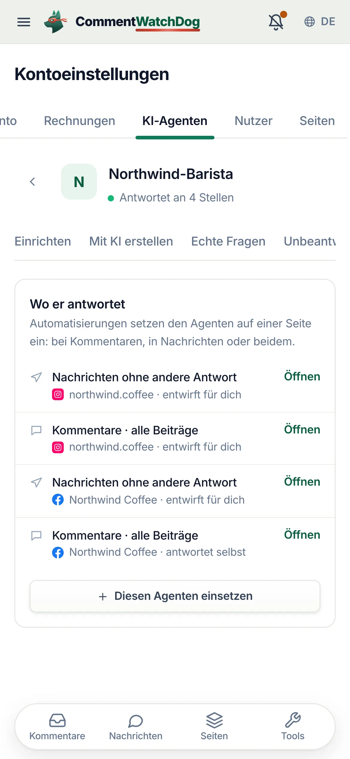 Auf dem Handy: „Diesen Agenten einsetzen“, unter den Orten.