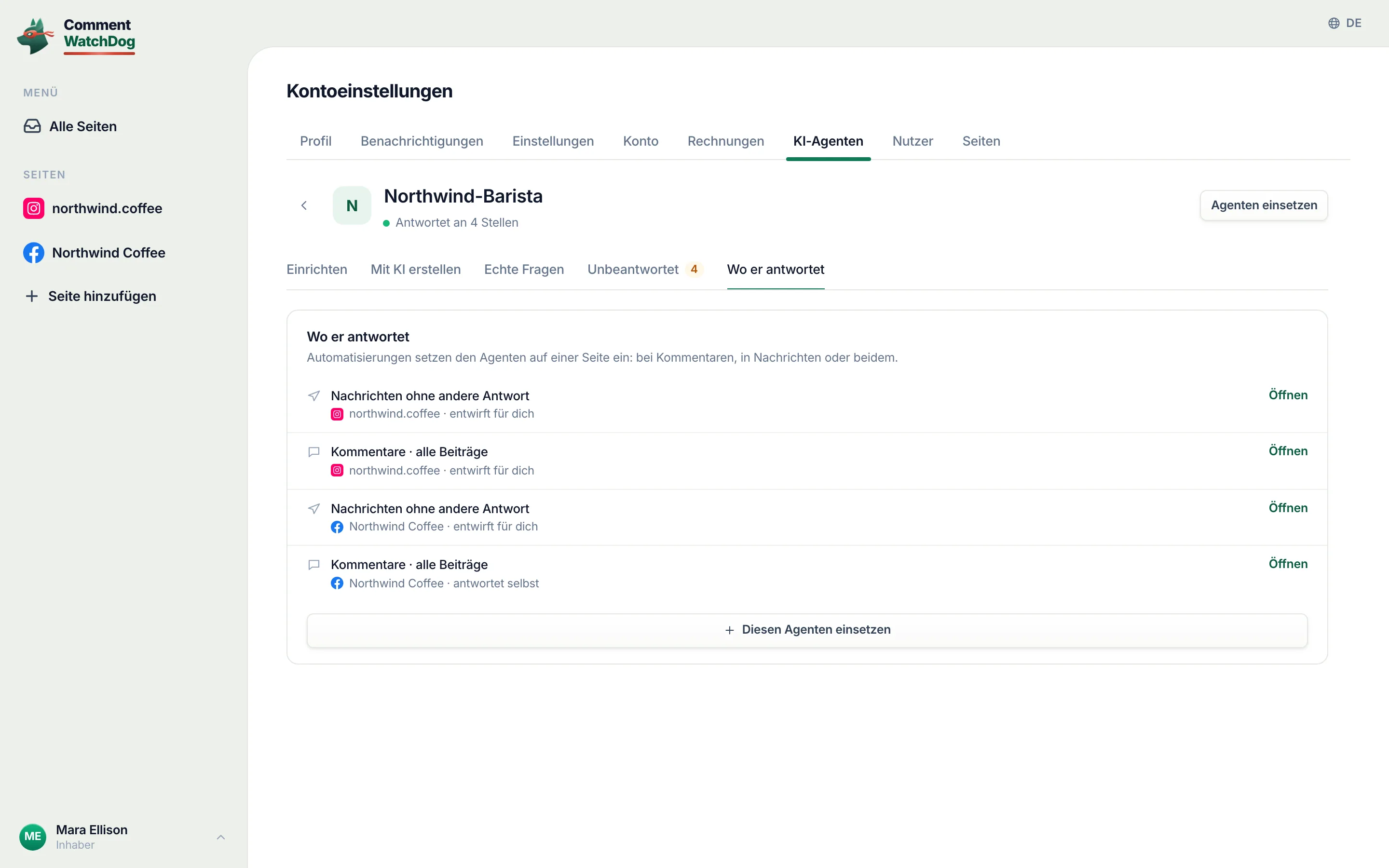 „Agenten einsetzen“, oben rechts beim Agenten.