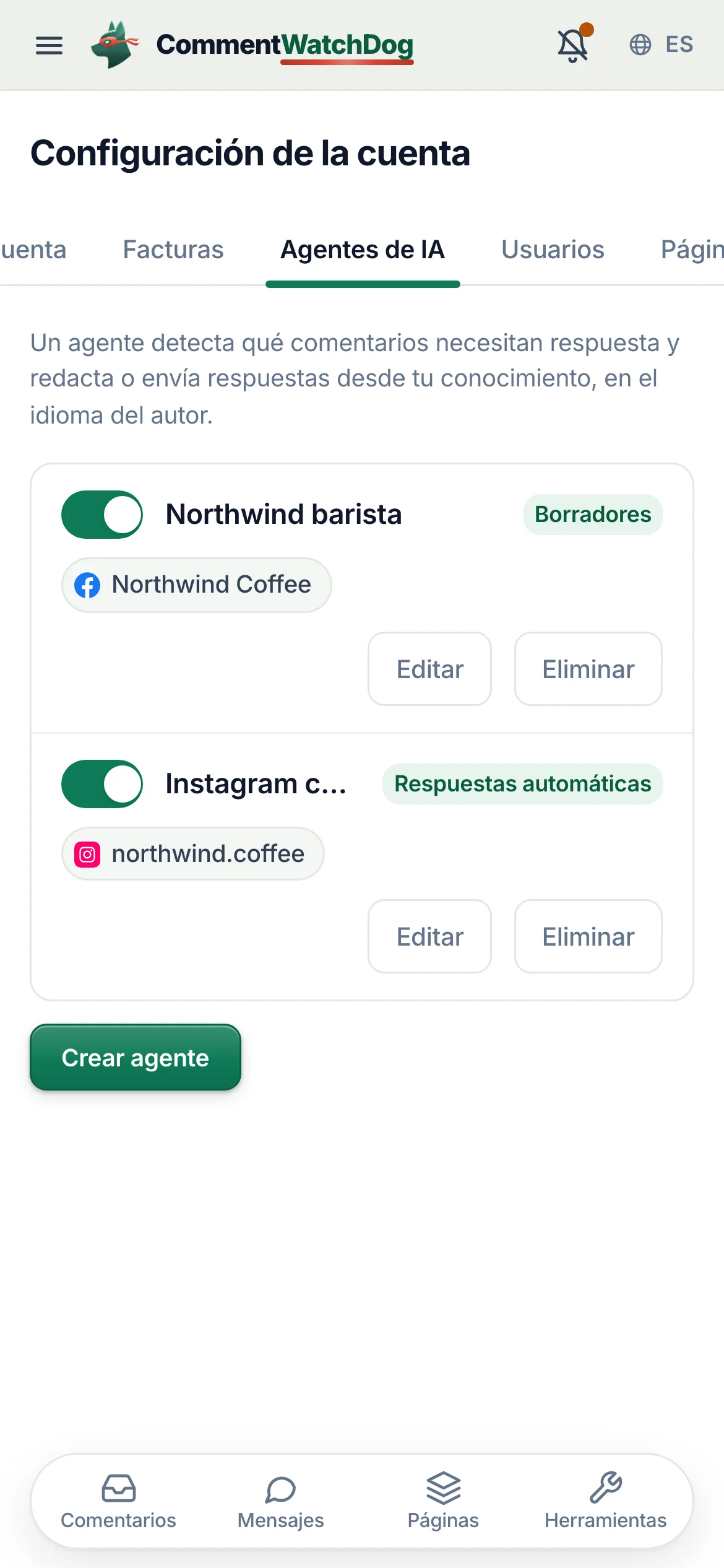 La lista de agentes en un teléfono.