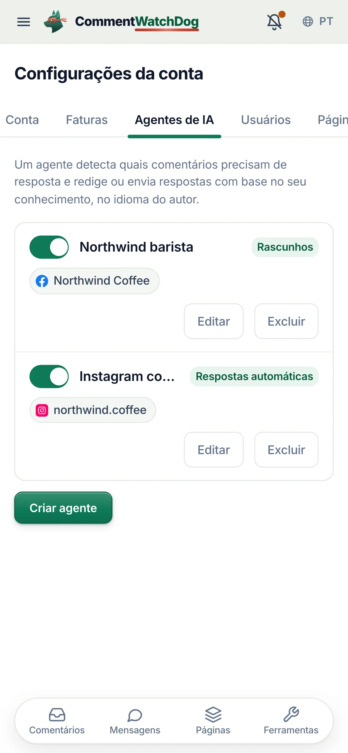 A lista de agentes em um celular.