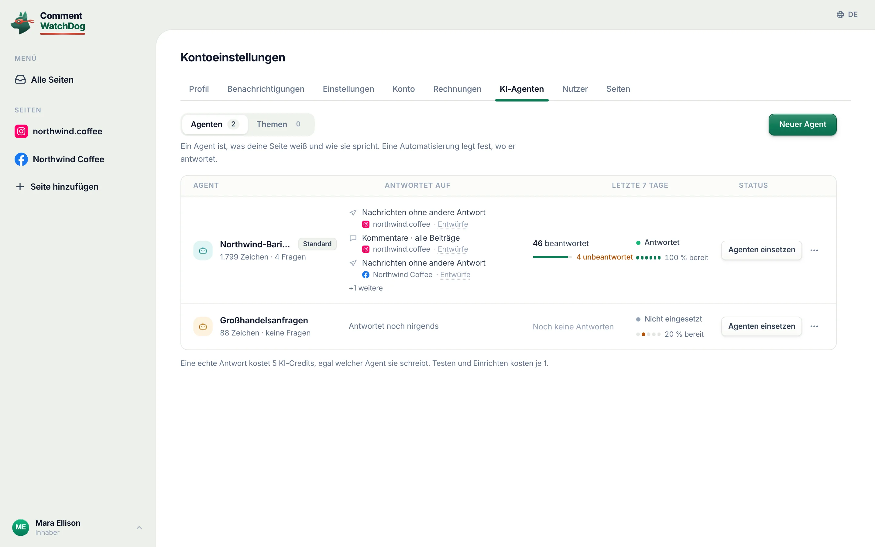 Die Liste der KI-Agenten: Northwind-Barista antwortet an vier Stellen, Großhandelsservice ist noch nirgends eingesetzt.