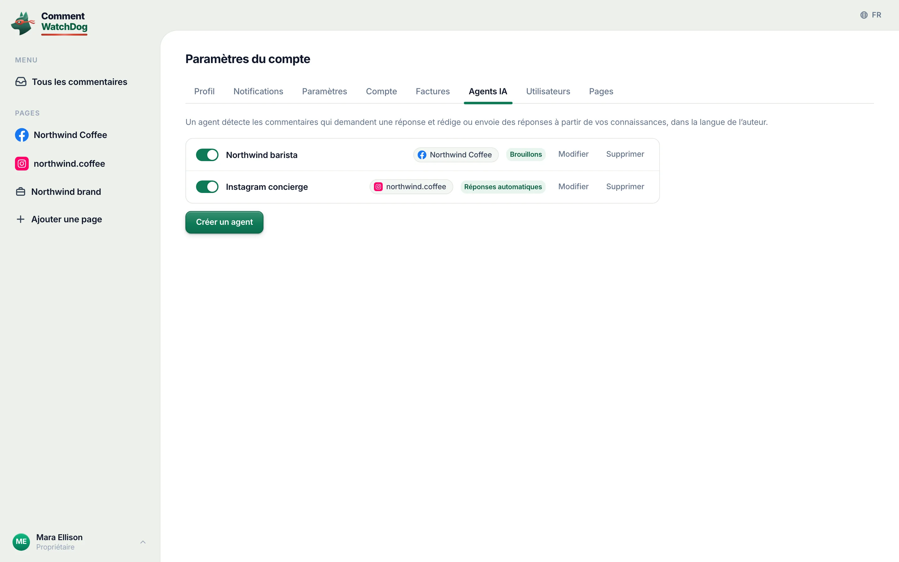 La liste des agents avec l’agent Instagram concierge.