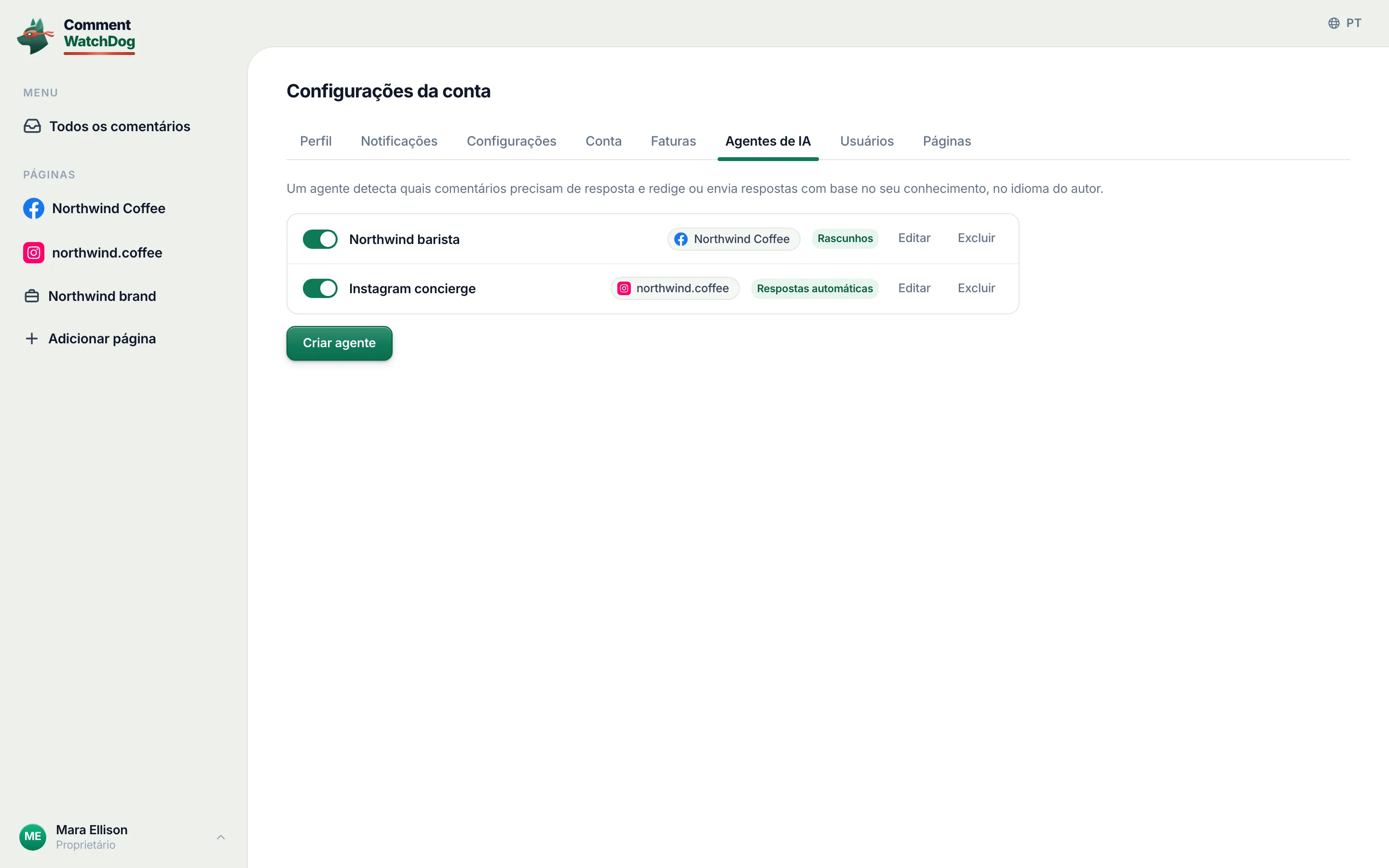 A lista de agentes com o Instagram concierge.