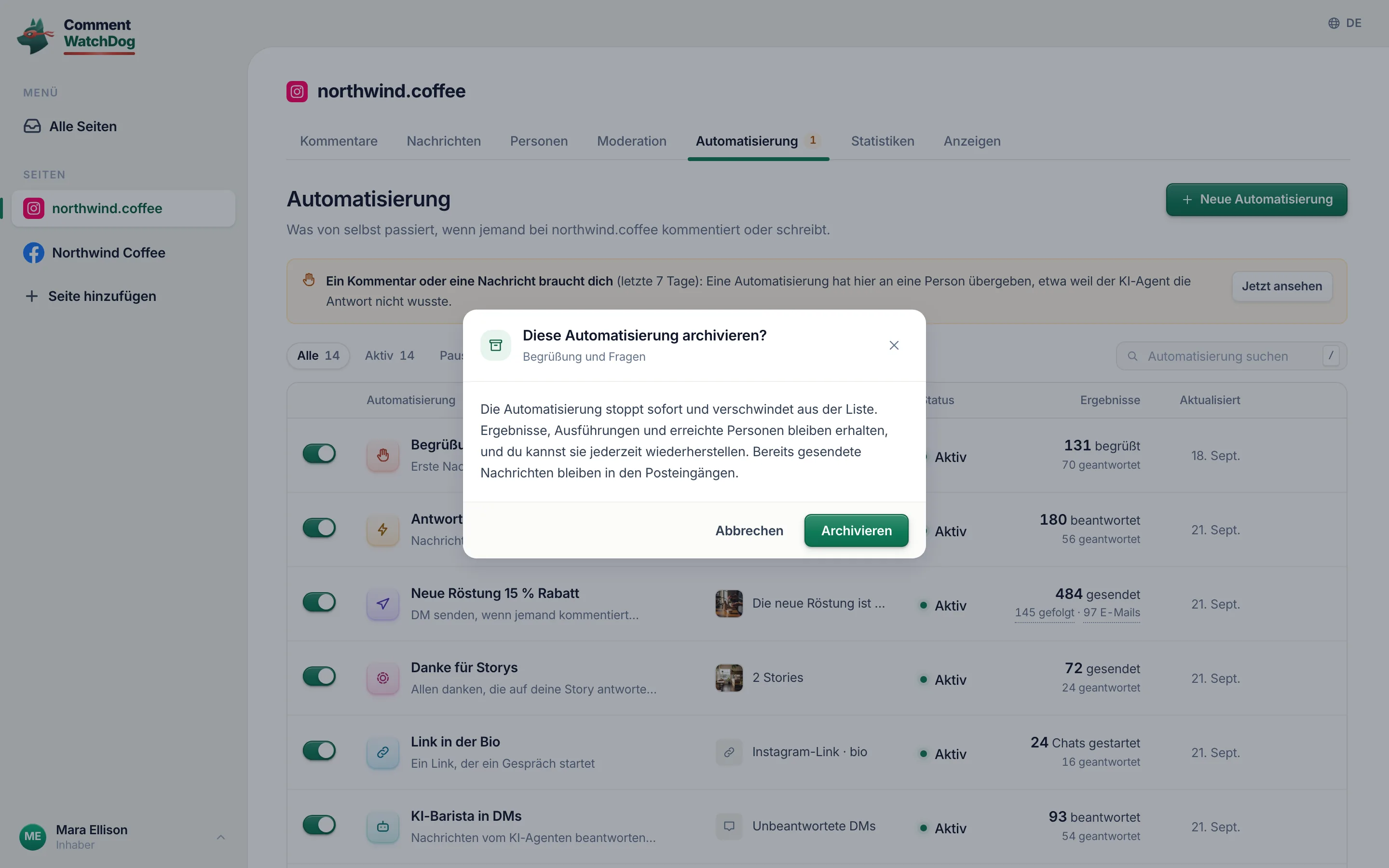„Archivieren“ im Dialog: Die Automatisierung stoppt und verschwindet aus der Liste. Alles, was sie hervorgebracht hat, bleibt.