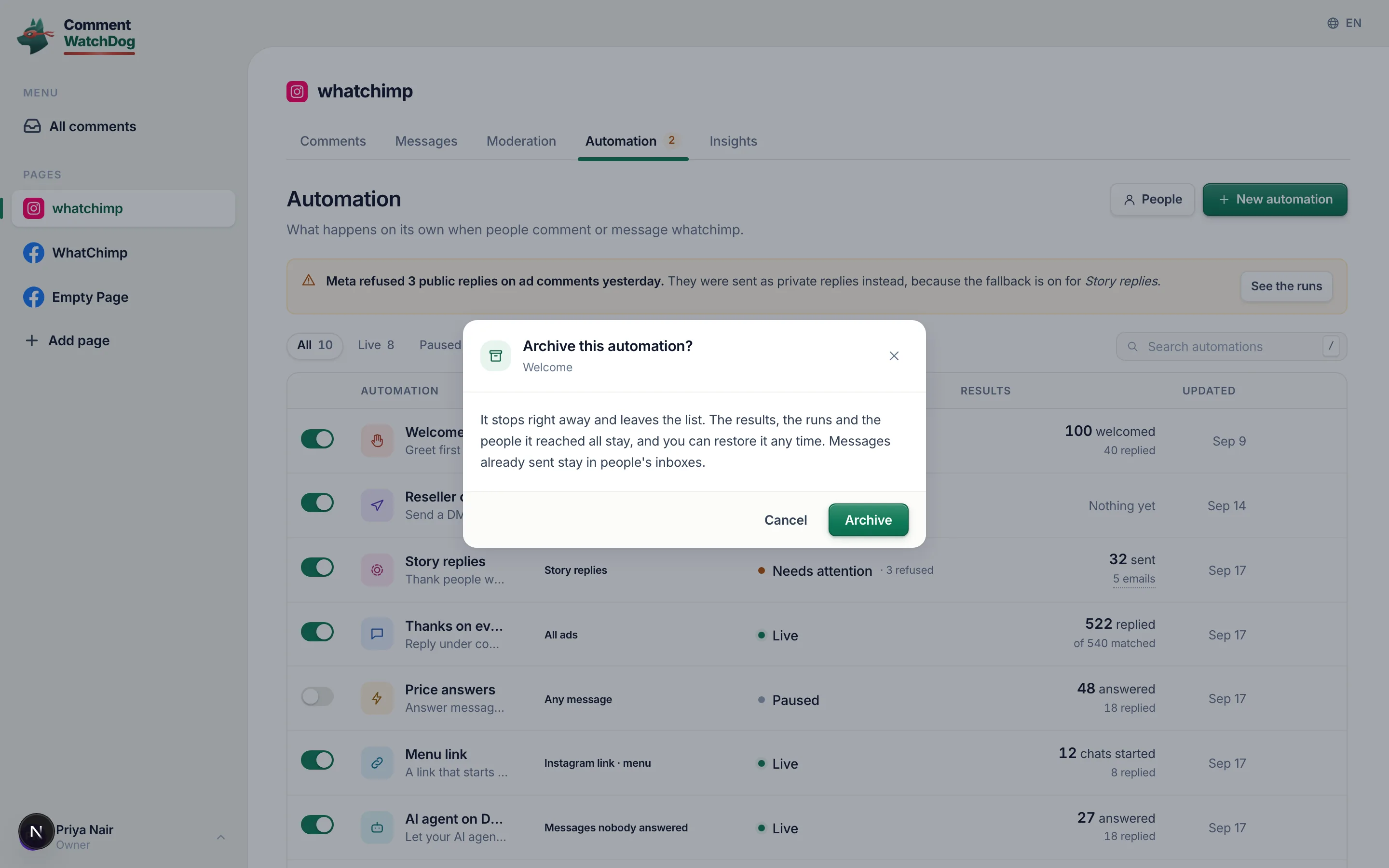 The archive modal: it stops, leaves the list, everything it produced stays.