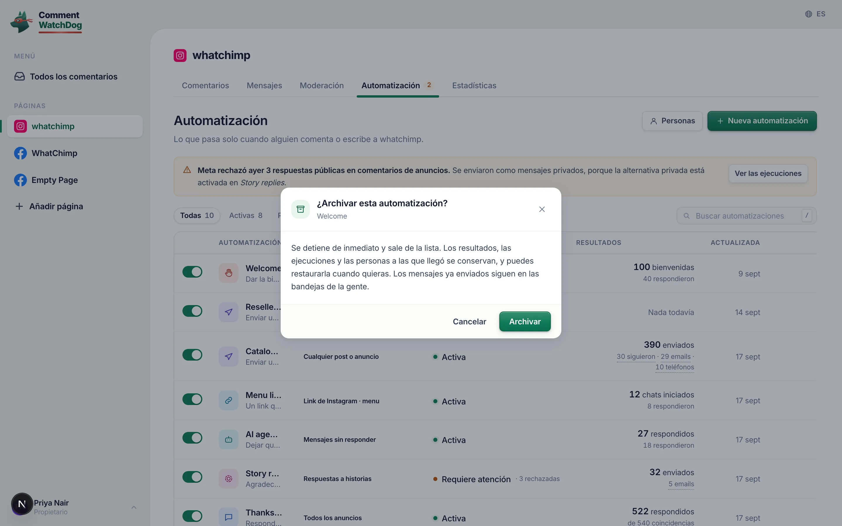 El modal de archivo: detiene, sale de la lista, todo lo que produjo se queda.