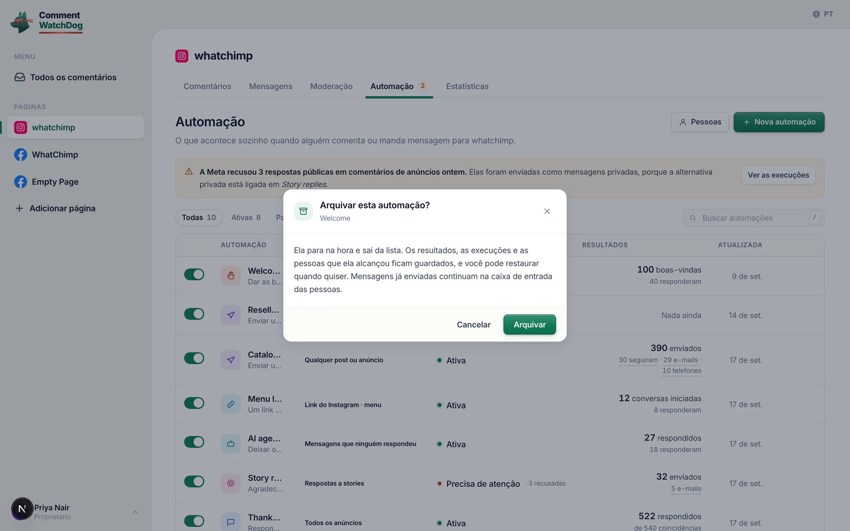 O modal de arquivo: para, sai da lista, tudo o que produziu permanece.