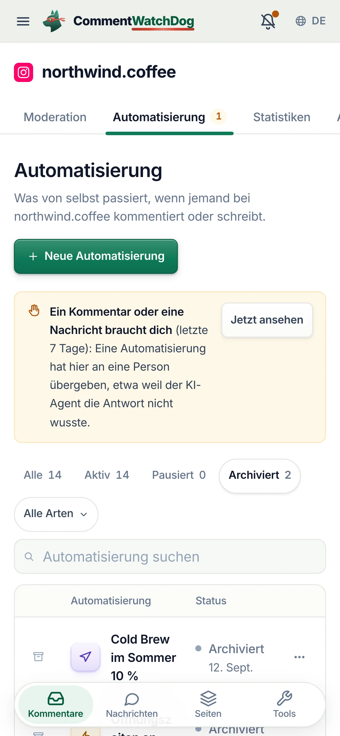 Der Filter „Archiviert“ auf dem Handy.