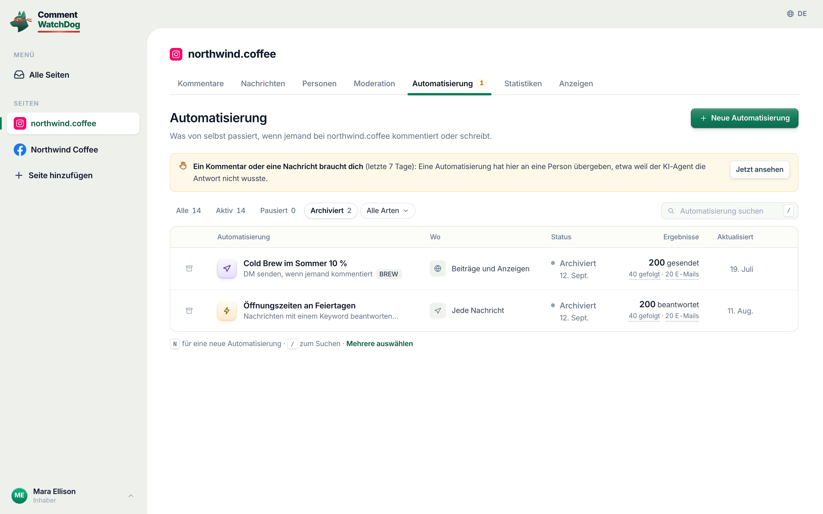 Der Filter „Archiviert“: die archivierte Automatisierung mit ihren Ergebnissen.