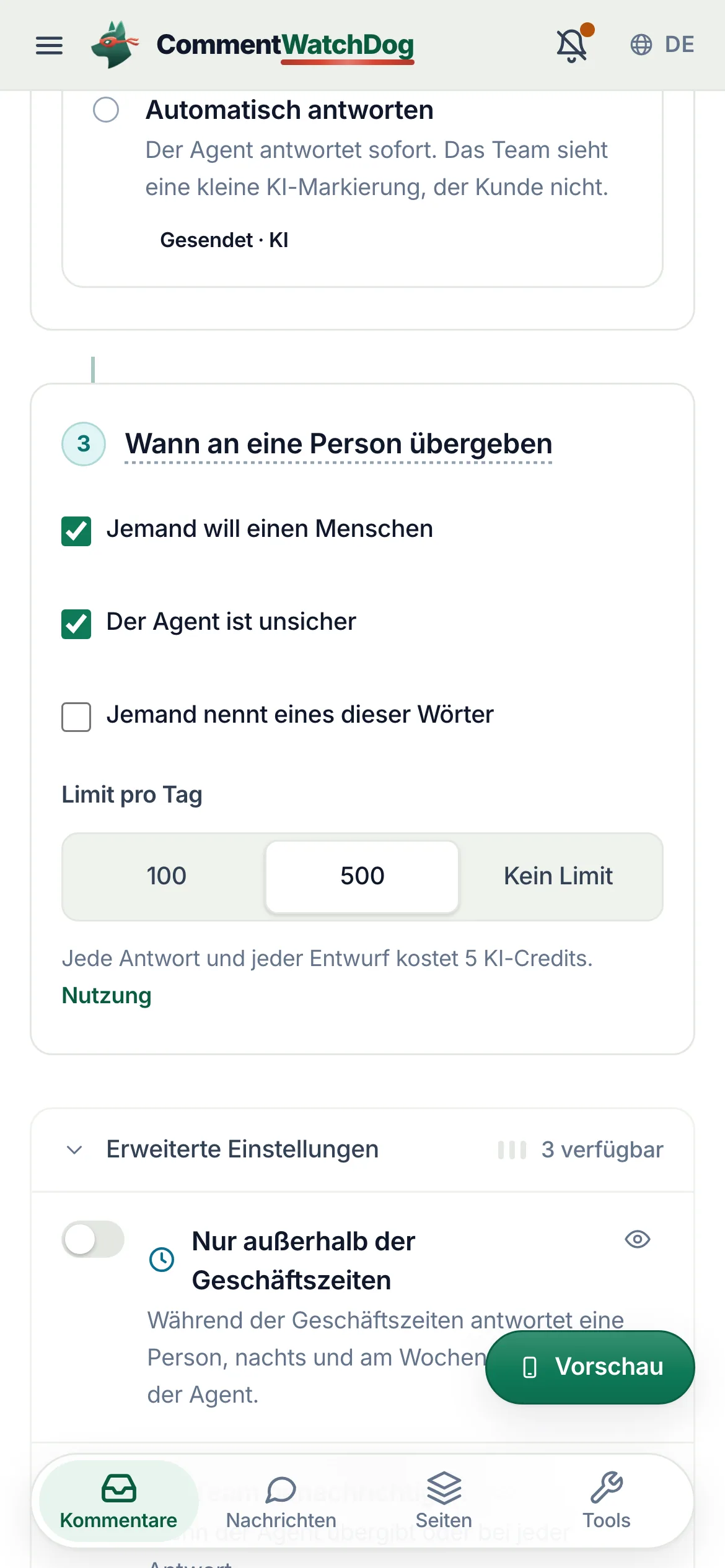 „Erweiterte Einstellungen“ auf dem Handy: Geschäftszeiten und „Team benachrichtigen“.