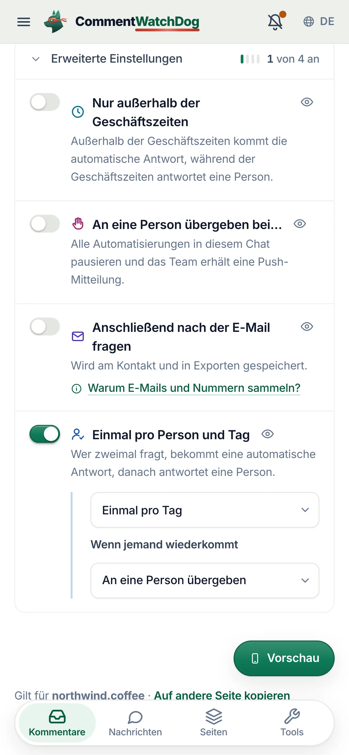 „Erweiterte Einstellungen“ auf dem Handy.
