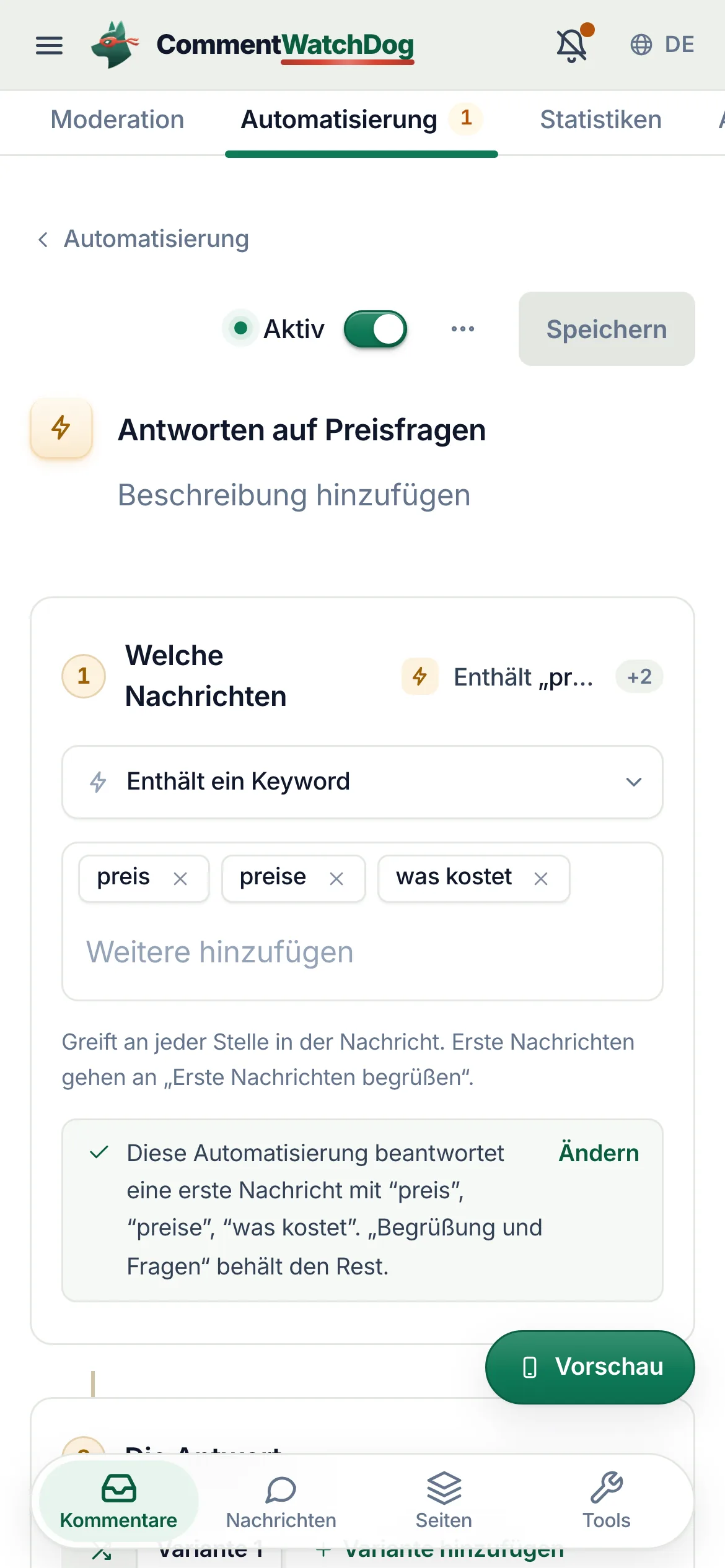 Die Keywords auf dem Handy.