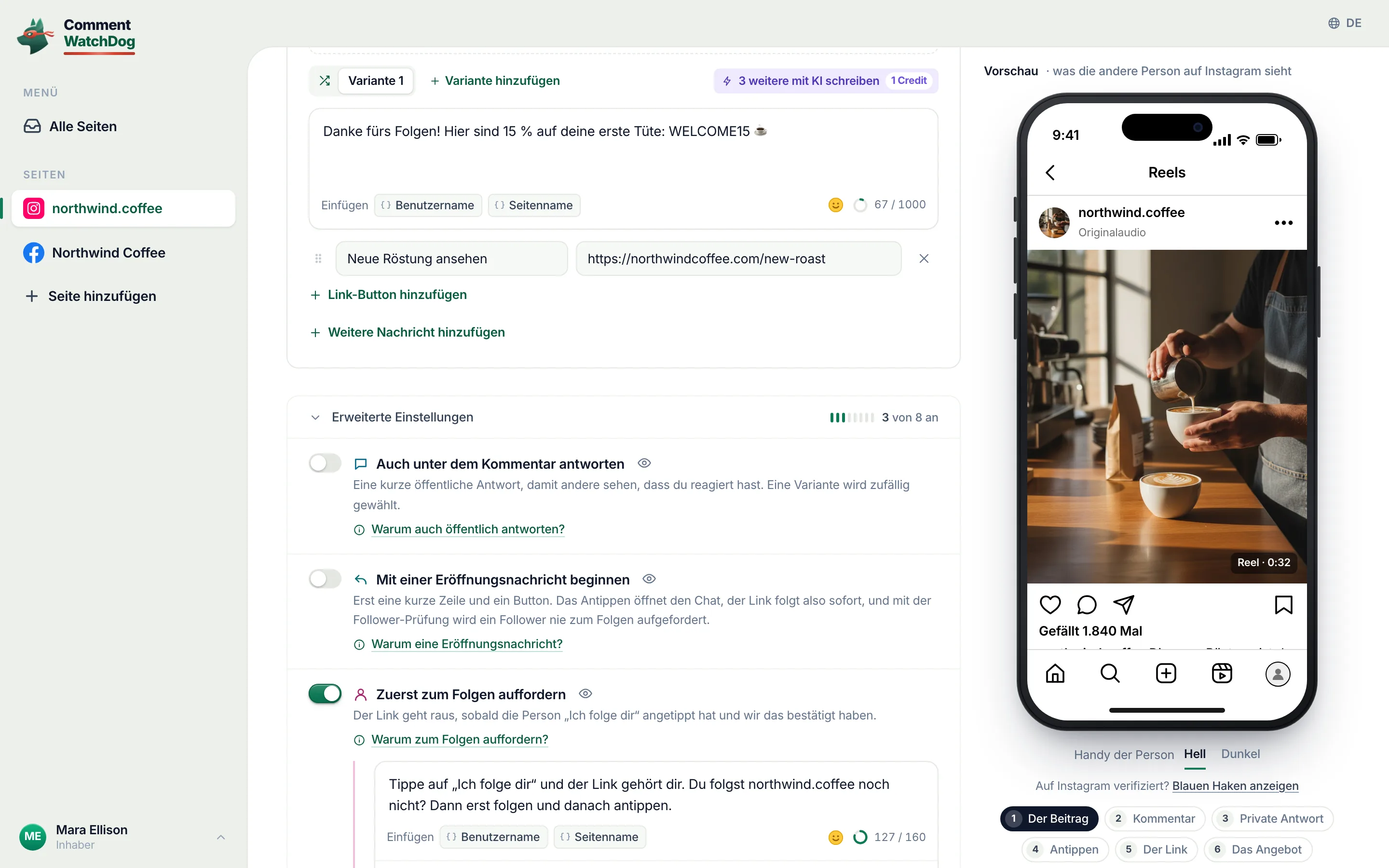 Die Nachricht, darunter ihr Link-Button „Neue Röstung ansehen“.