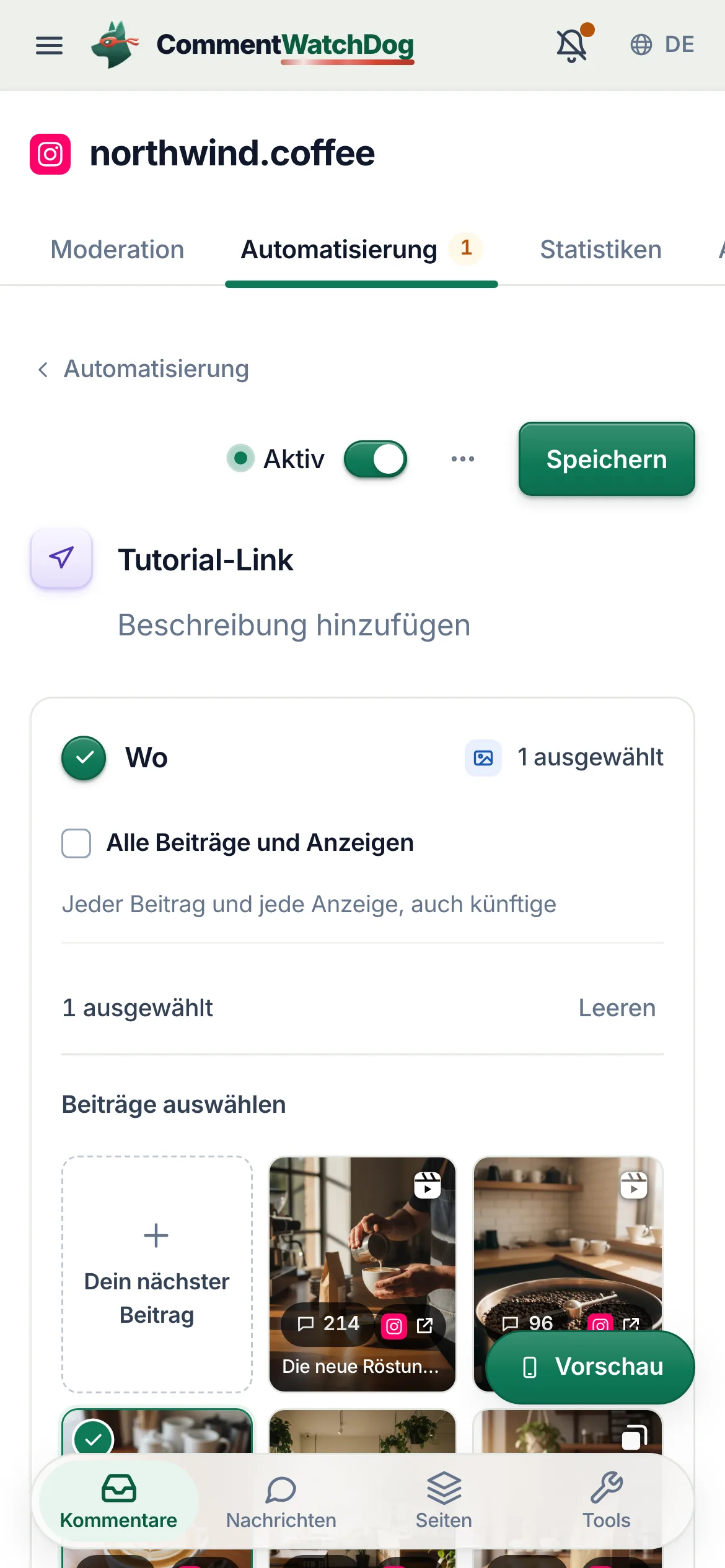„Speichern“ und der Schalter „Aktiv“, auf dem Handy über dem Namen.
