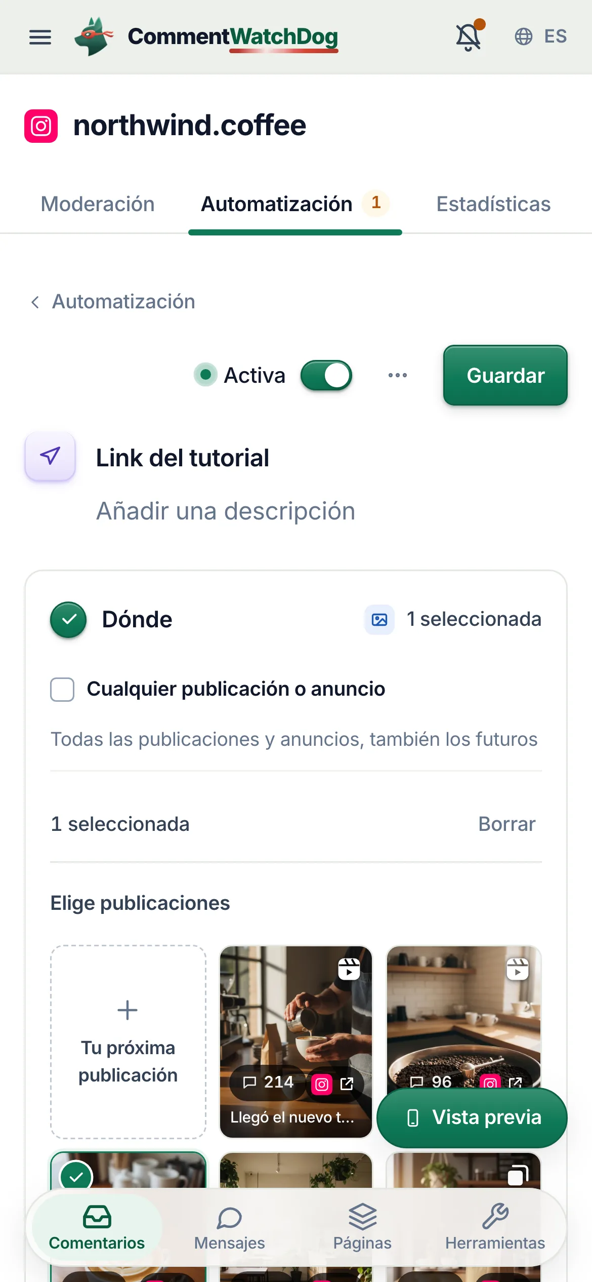 Guardar y el interruptor Activa, encima del nombre en un teléfono.