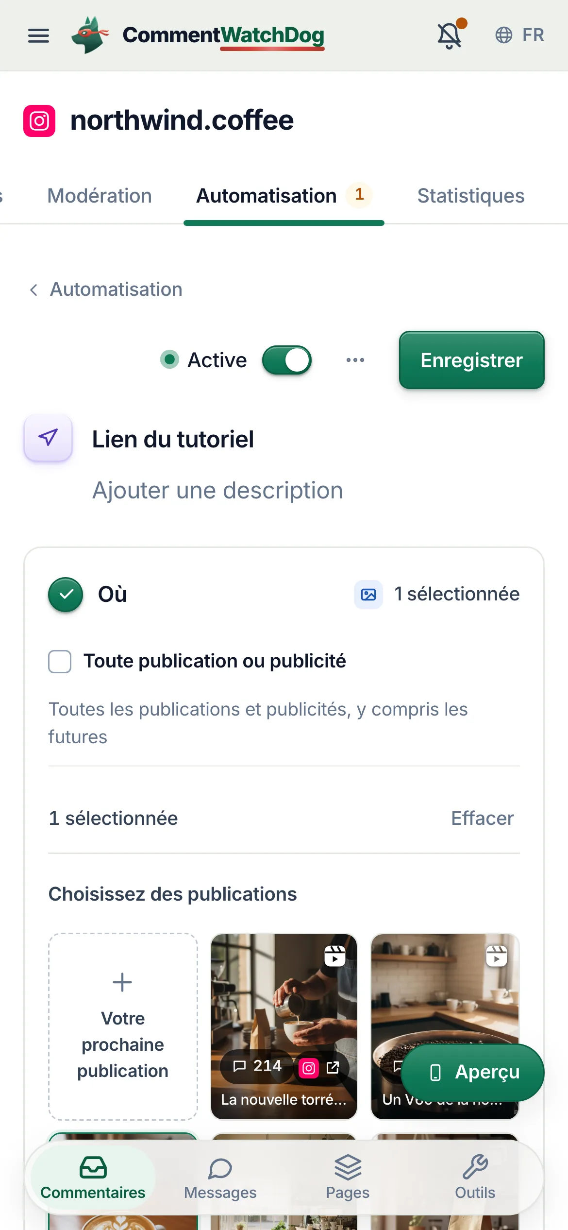 Enregistrer et l’interrupteur Active, au-dessus du nom sur un téléphone.