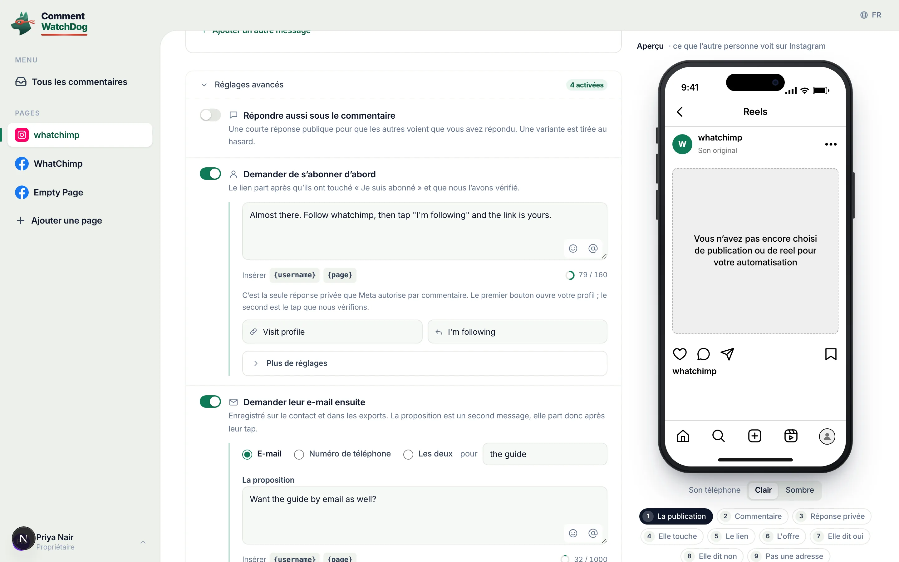 Réglages avancés : abonnement d’abord, la demande d’email, la ligne publique, une fois, me prévenir, attendre.