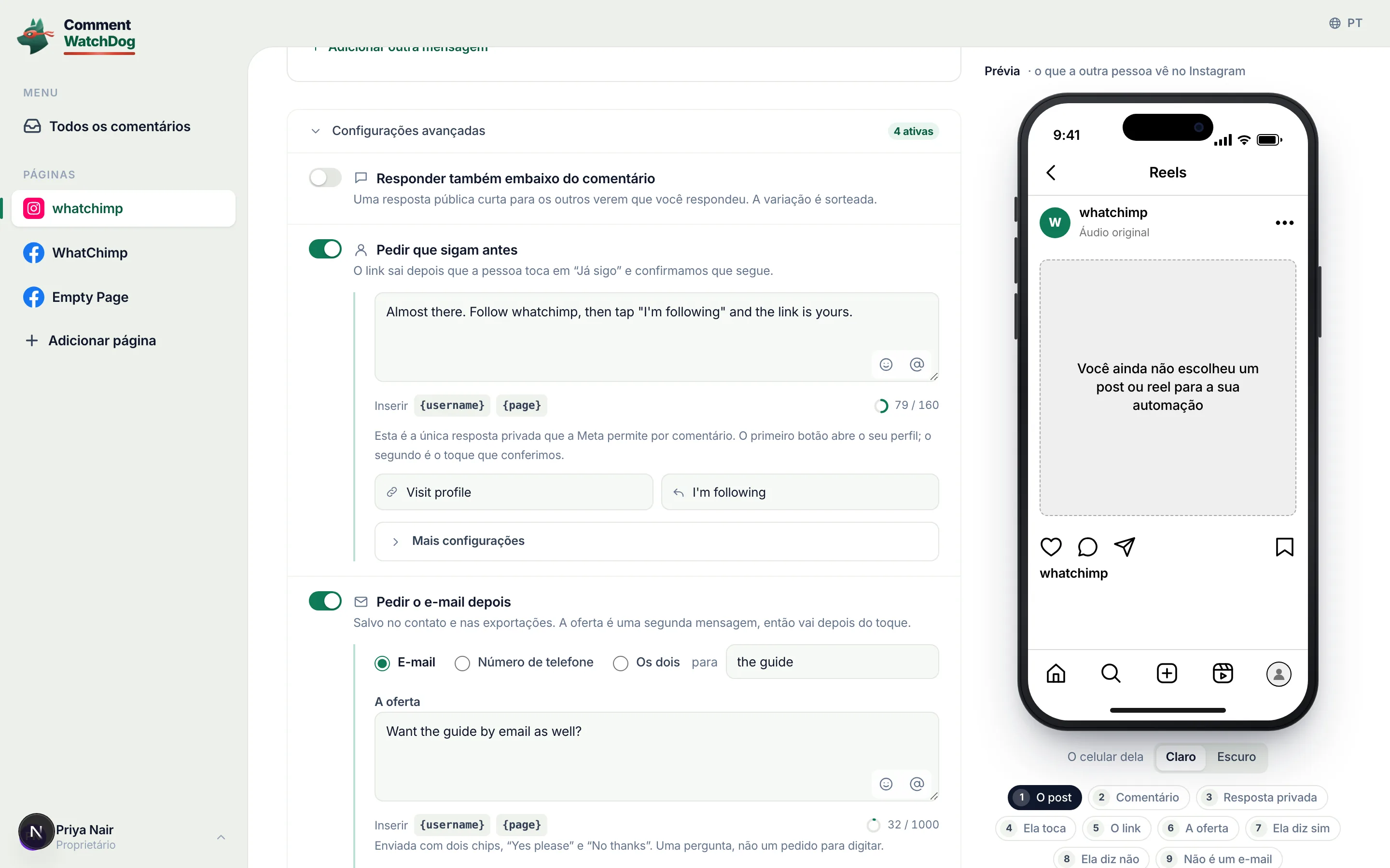 Configurações avançadas: seguir primeiro, o pedido de email, a linha pública, uma vez, me avisar, esperar.