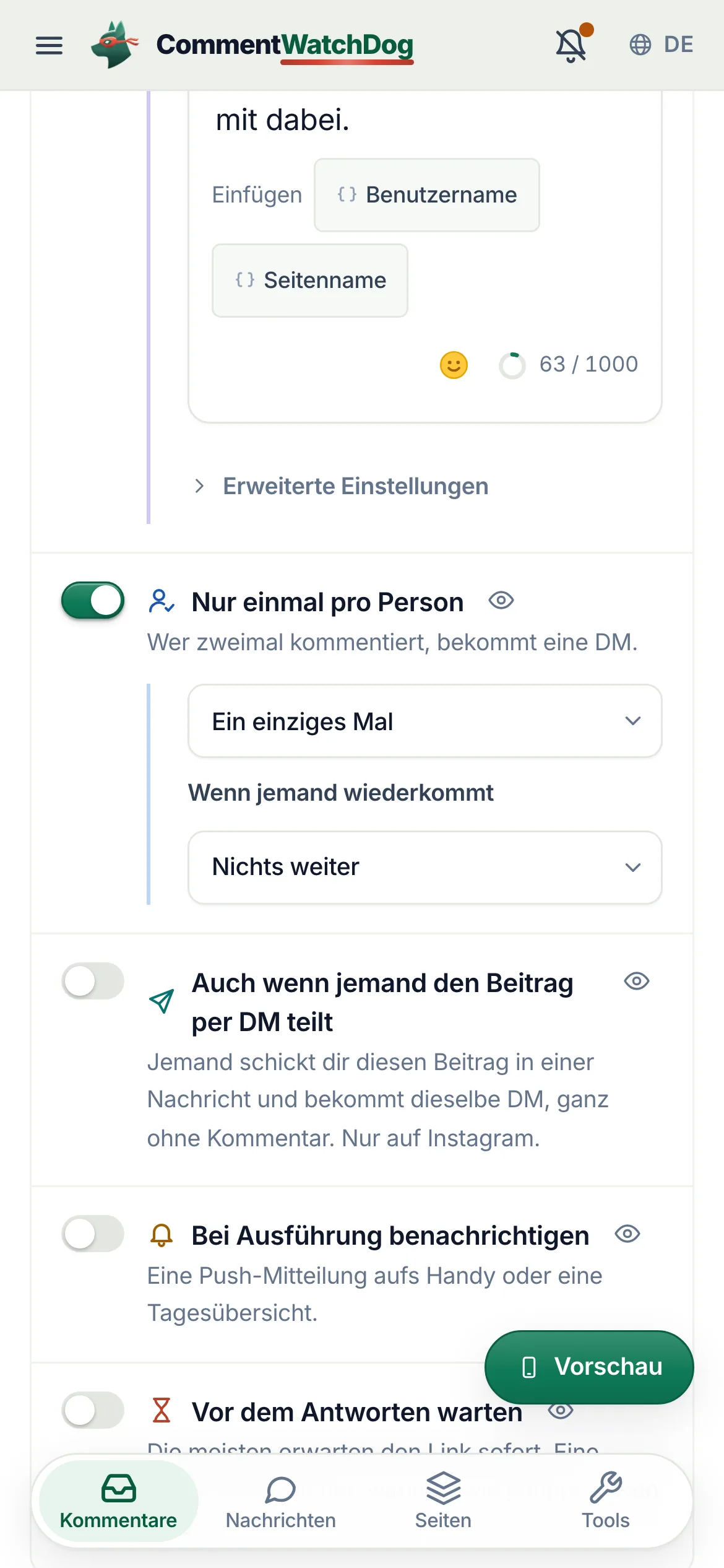 „Nur einmal pro Person“ auf dem Handy, darunter die letzten drei Schalter.